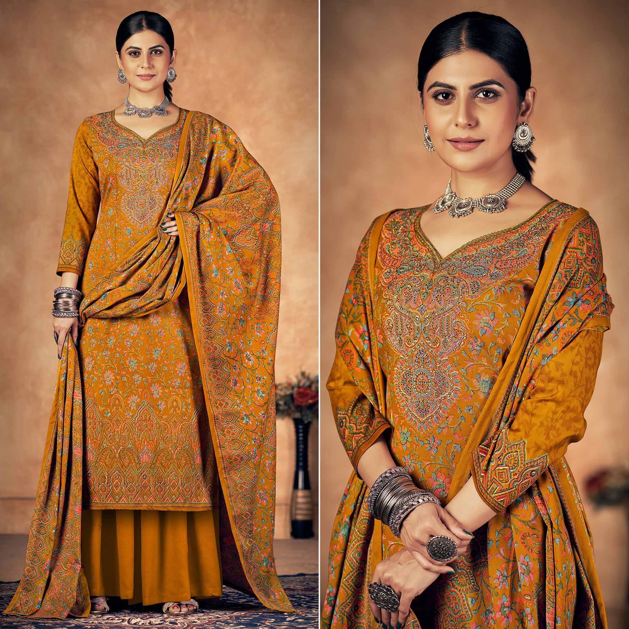 Mustard Floral Printed Pashmina Woolen Suit