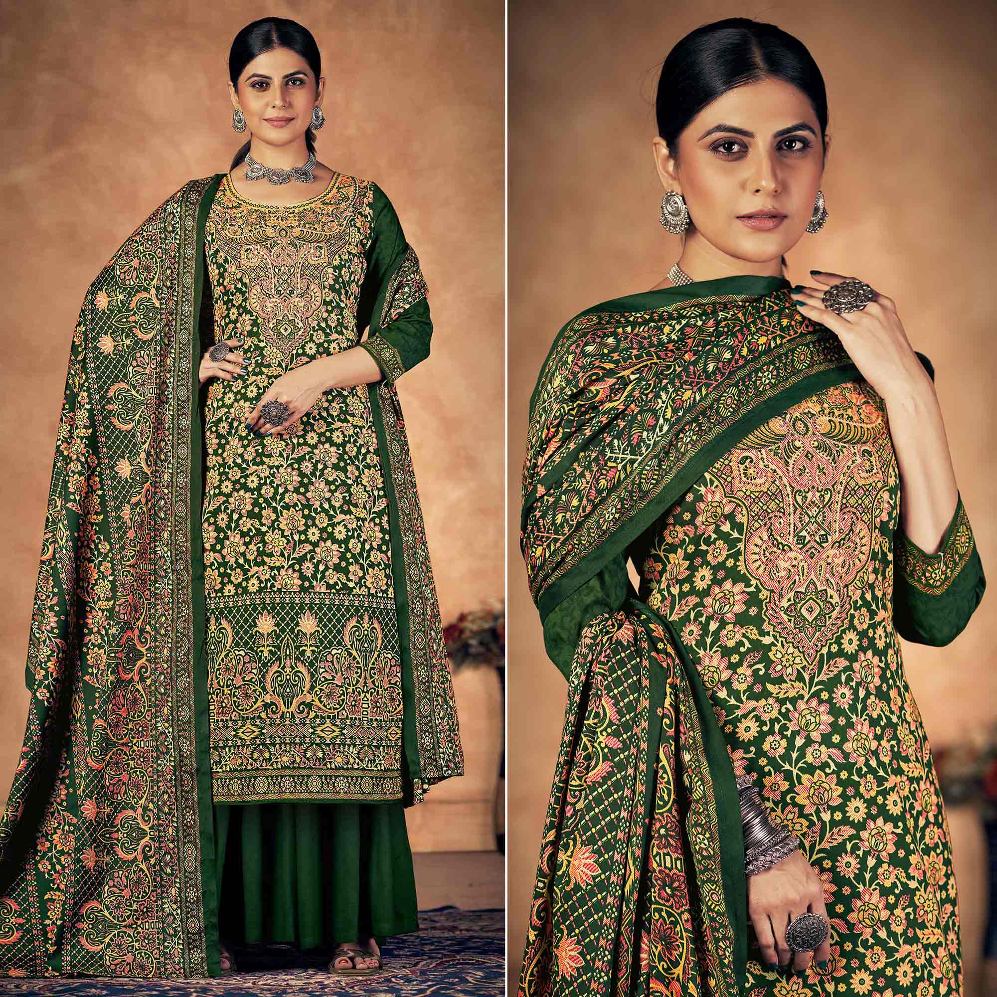 Green Floral Printed Pashmina Woolen Suit