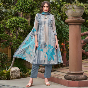 Grey Floral Printed Pure Cotton Dress Material