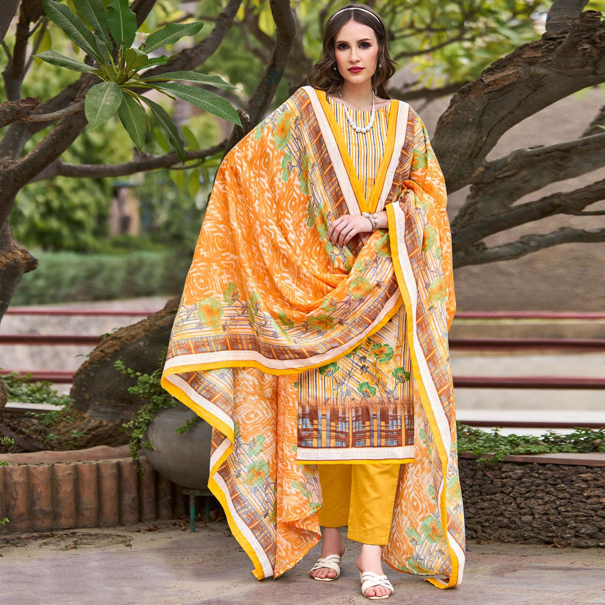 Mustard Floral Printed Pure Cotton Dress Material