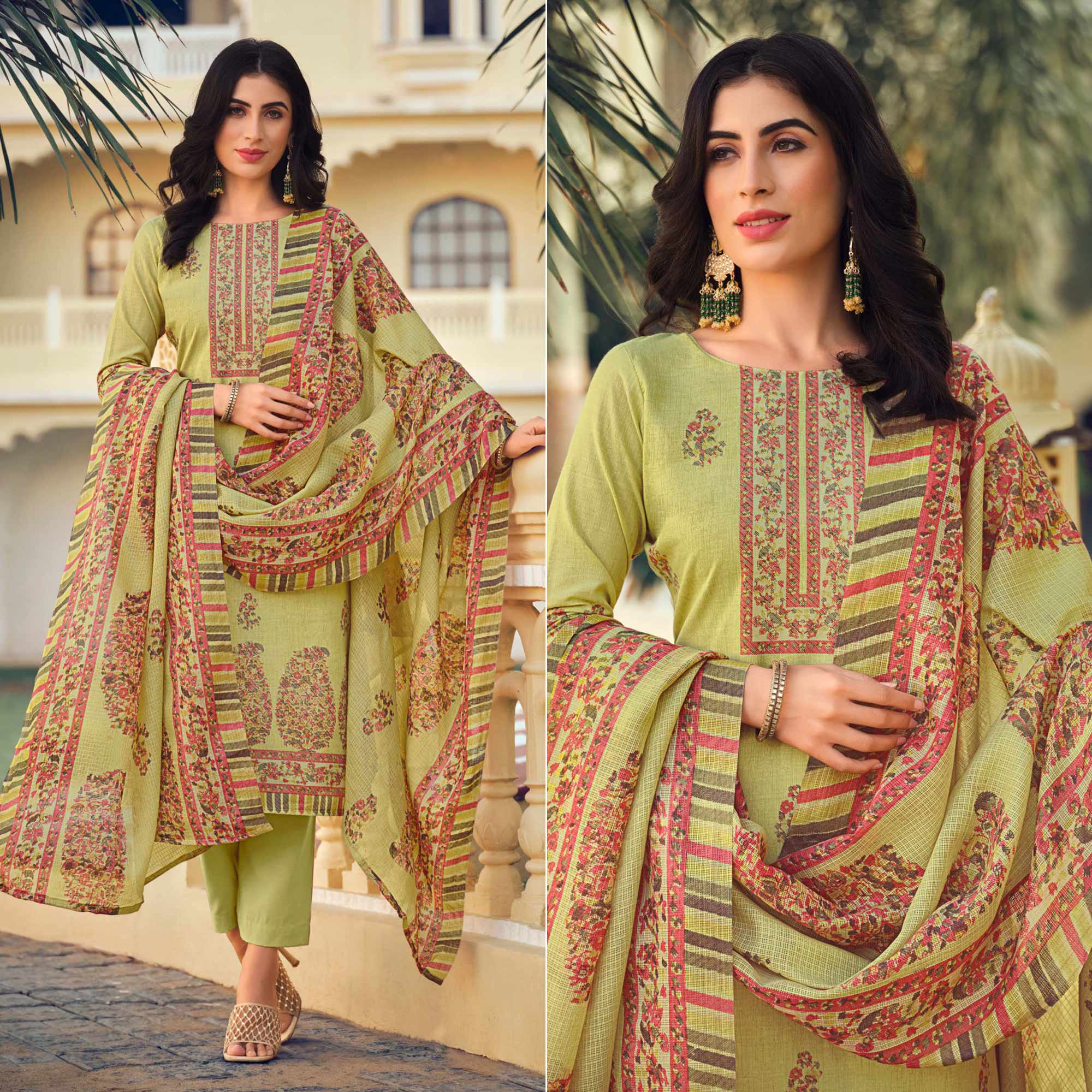 Green Floral Printed Pure Cotton Suit