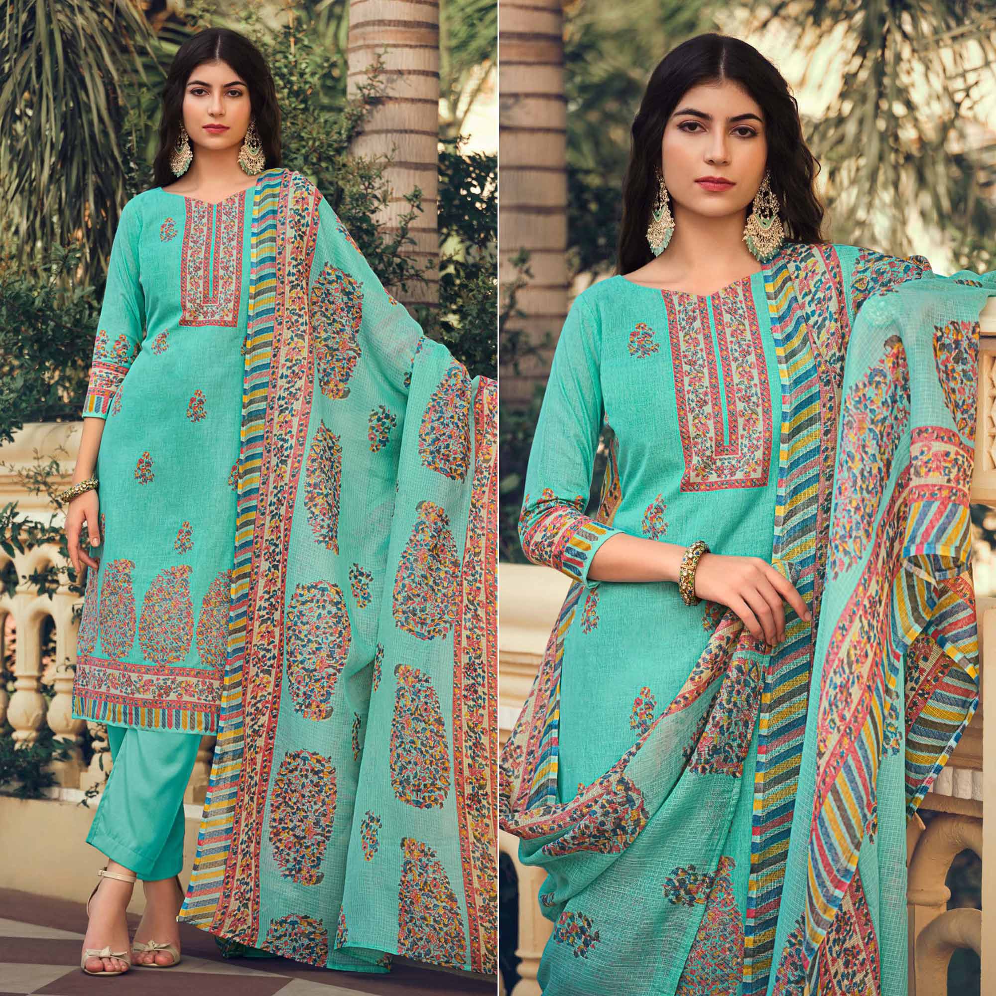 Turquoise Floral Printed Pure Cotton Suit