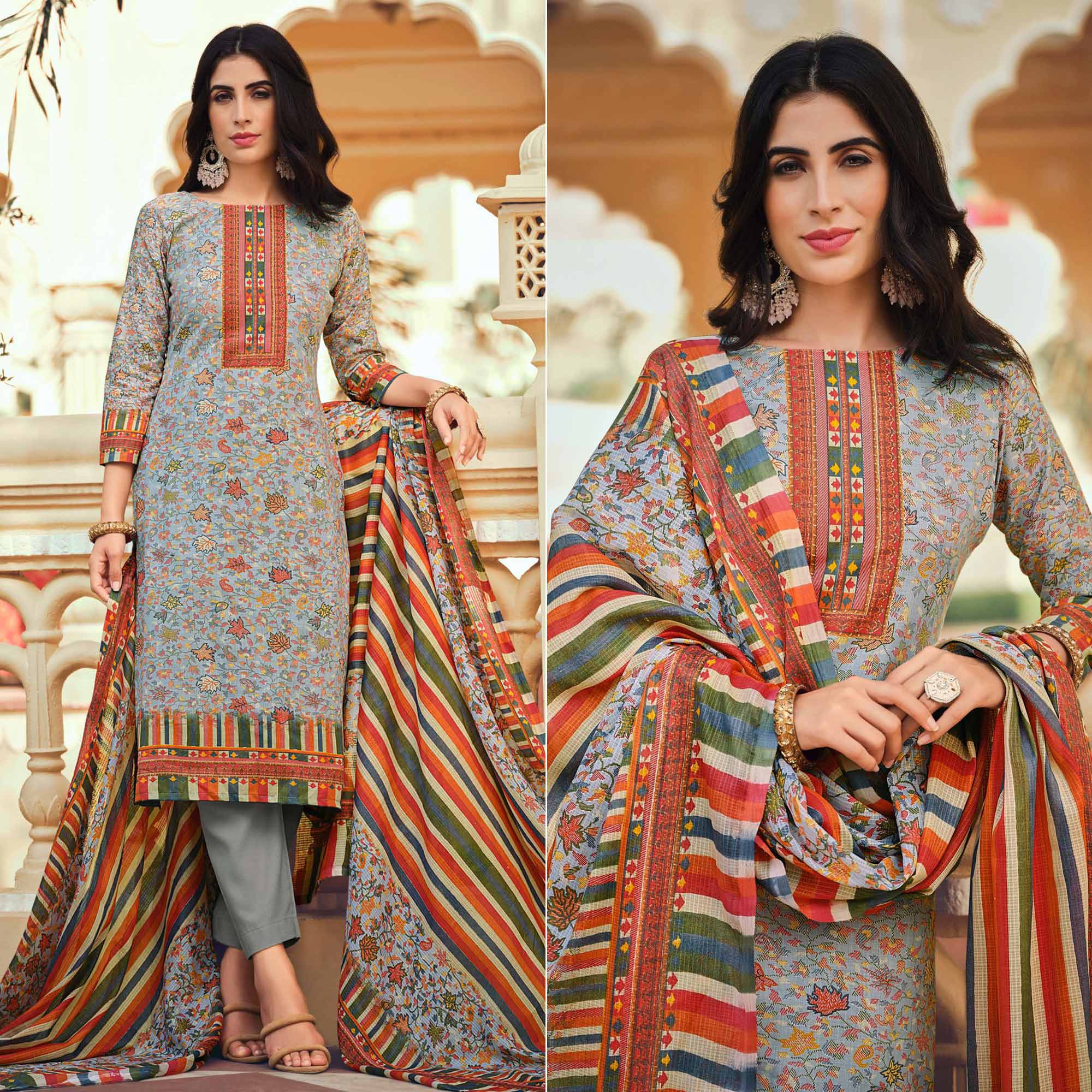 Grey Floral Printed Pure Cotton Suit