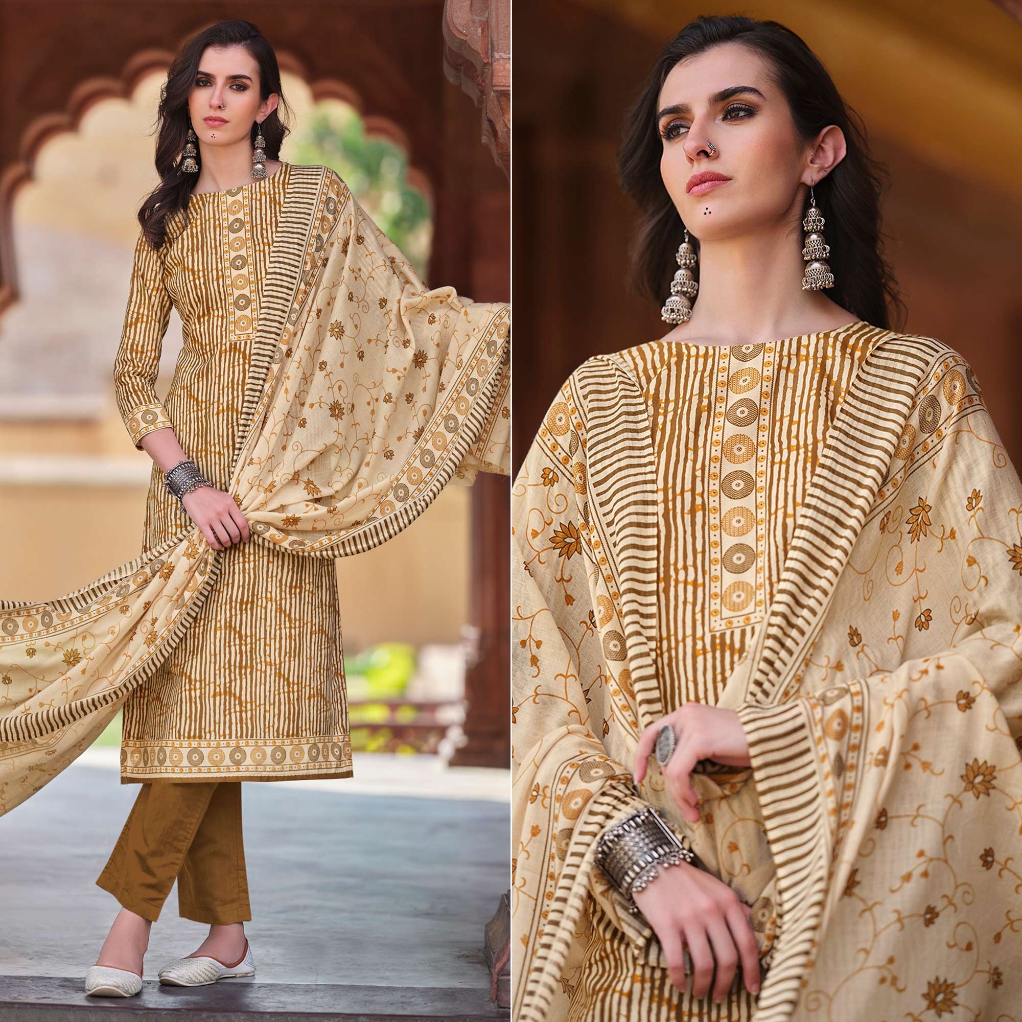 Beige Printed Pure Cotton Dress Material