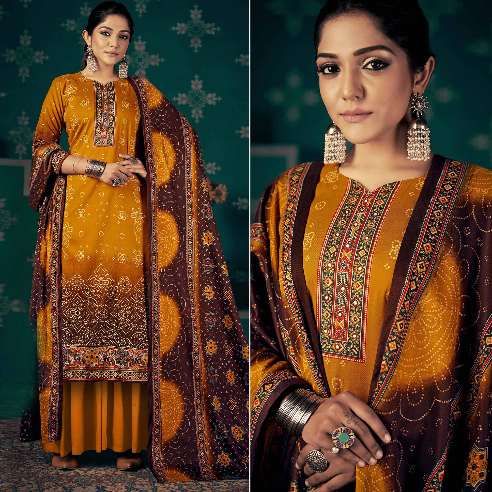 Mustard Bandhani Printed Pashmina Salwar Suit