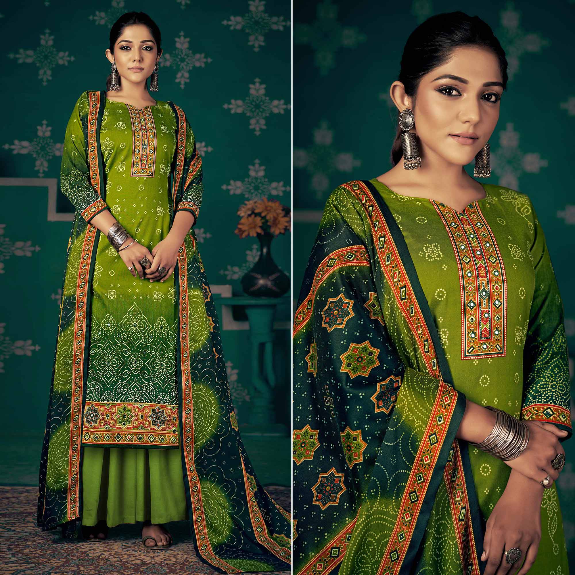 Green Bandhani Printed Pashmina Salwar Suit