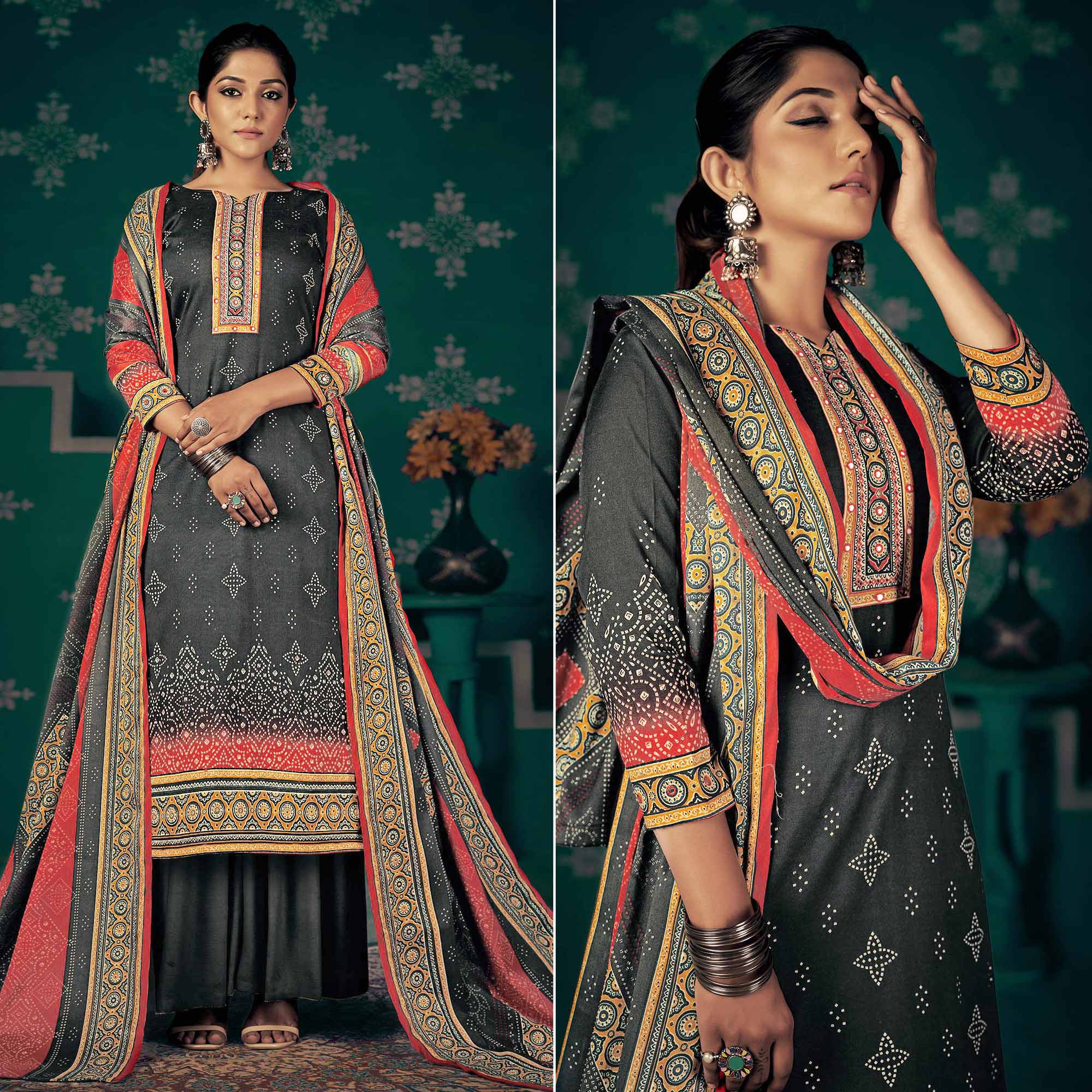 Dark Grey Bandhani Printed Pashmina Salwar Suit