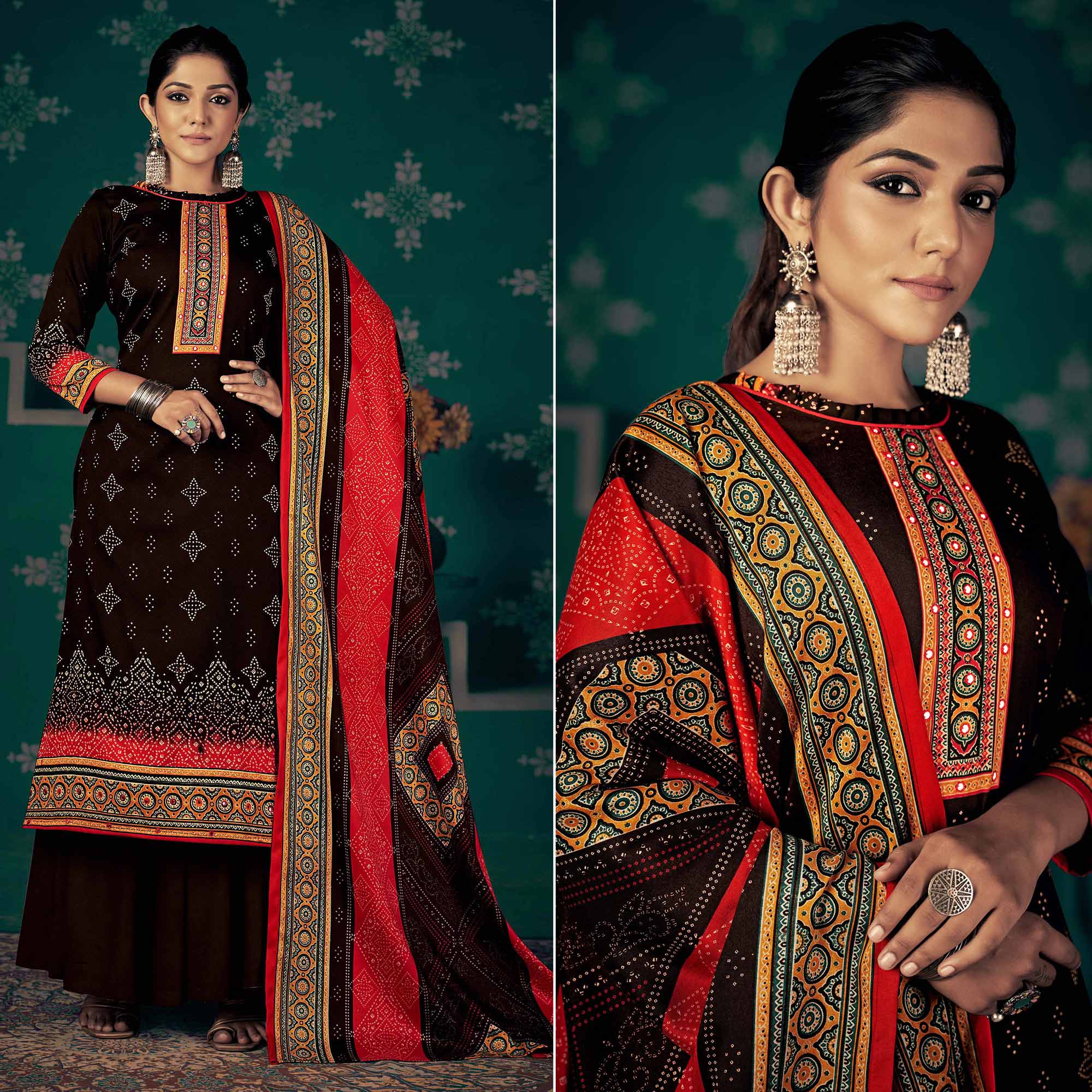 Brown Bandhani Printed Pashmina Salwar Suit
