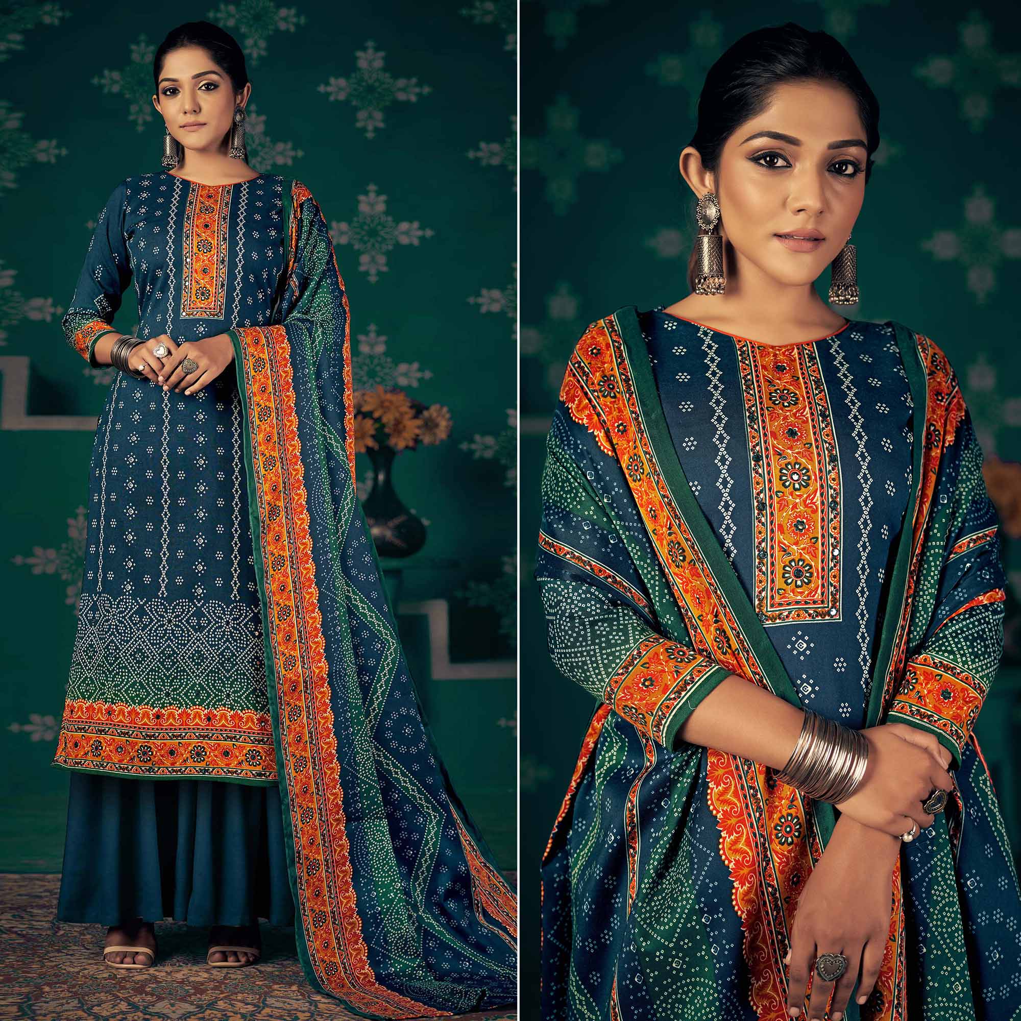 Blue Bandhani Printed Pashmina Salwar Suit