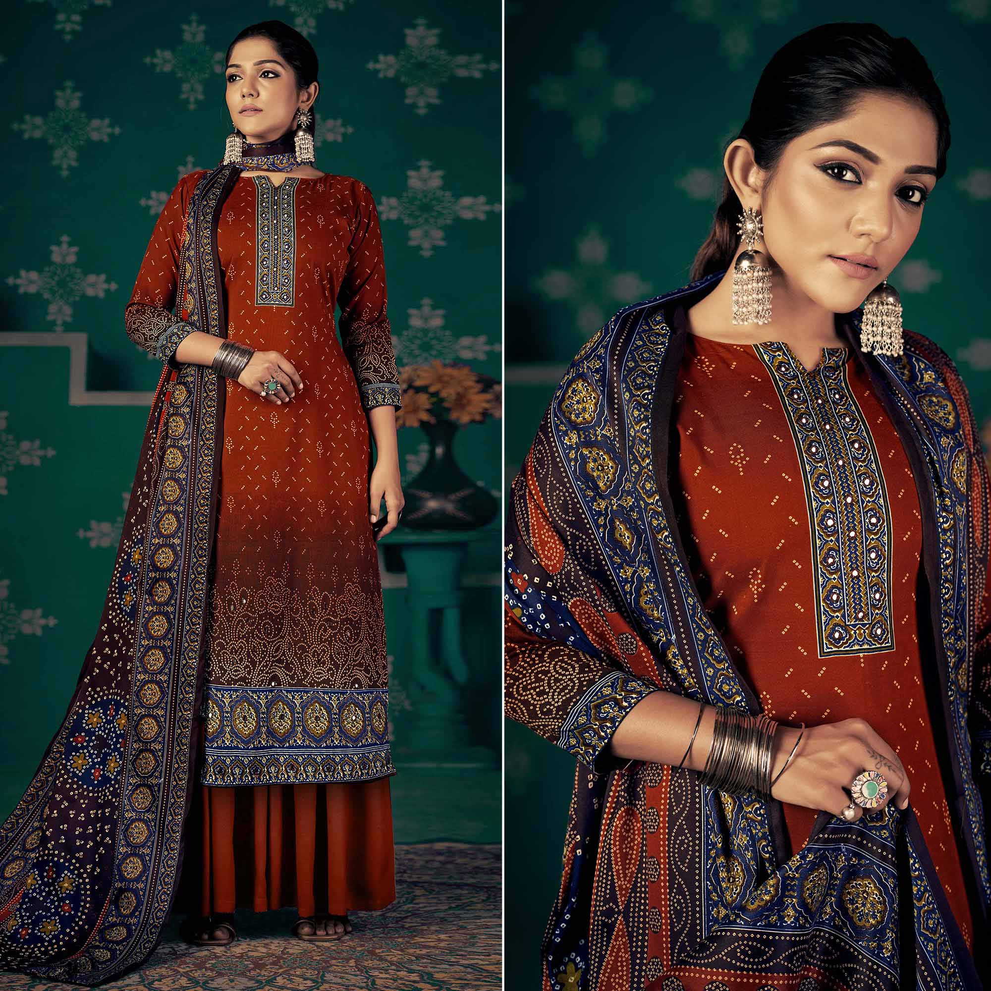 Rust Bandhani Printed Pashmina Salwar Suit