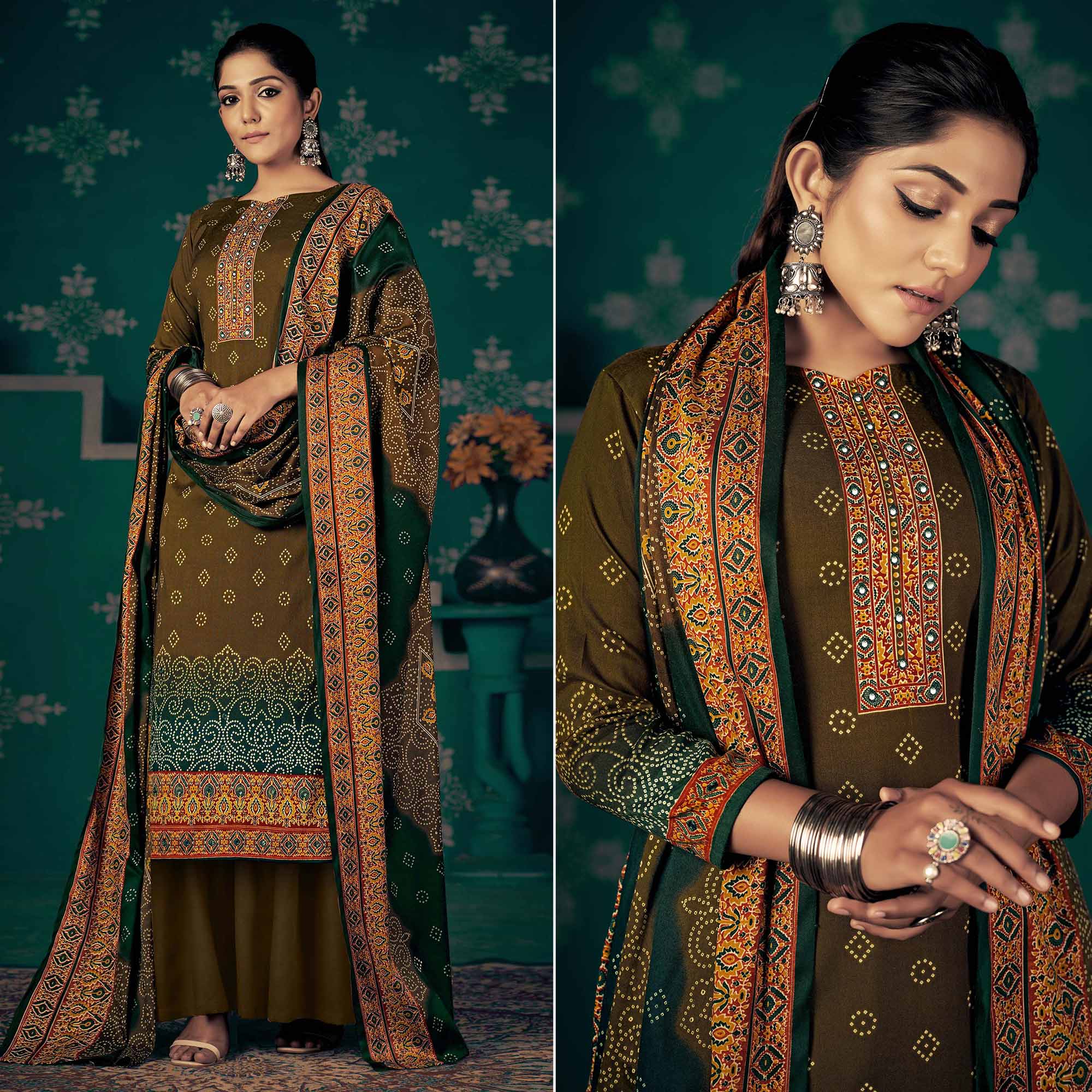 Mehendi Green Bandhani Printed Pashmina Salwar Suit