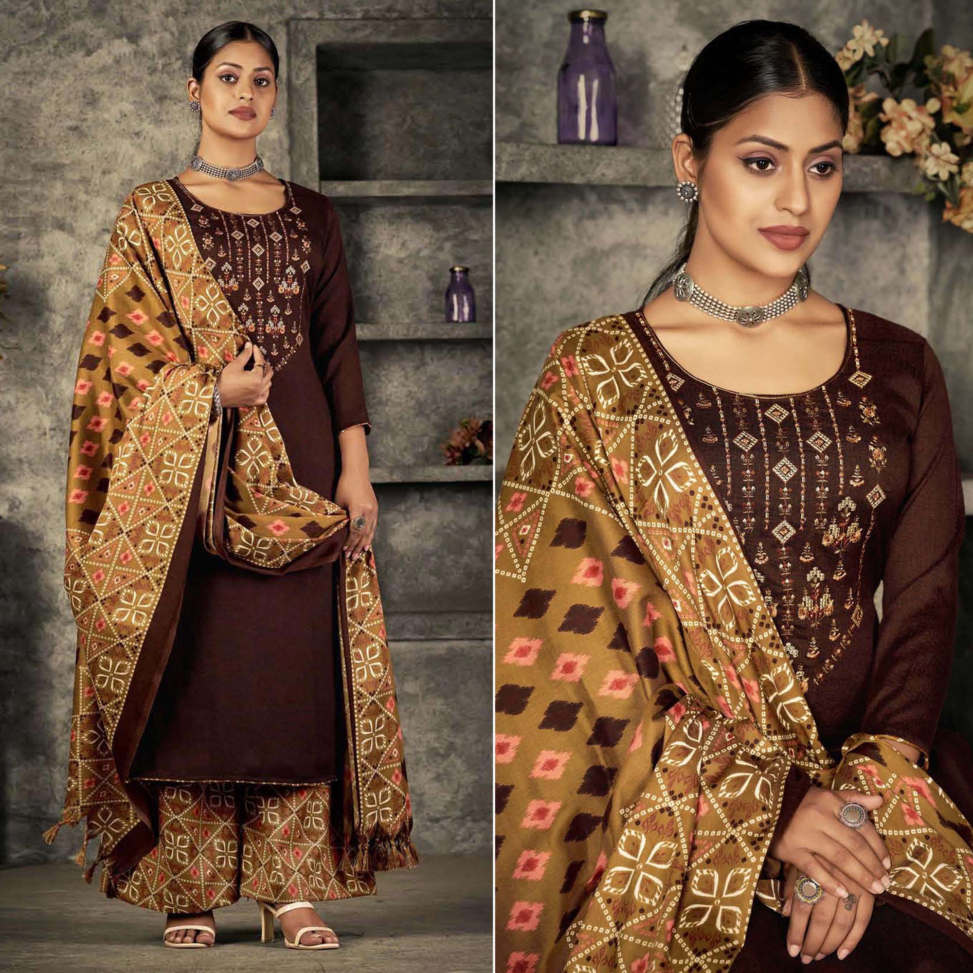Brown Floral Embroidered With Printed Pashmina Salwar Suit