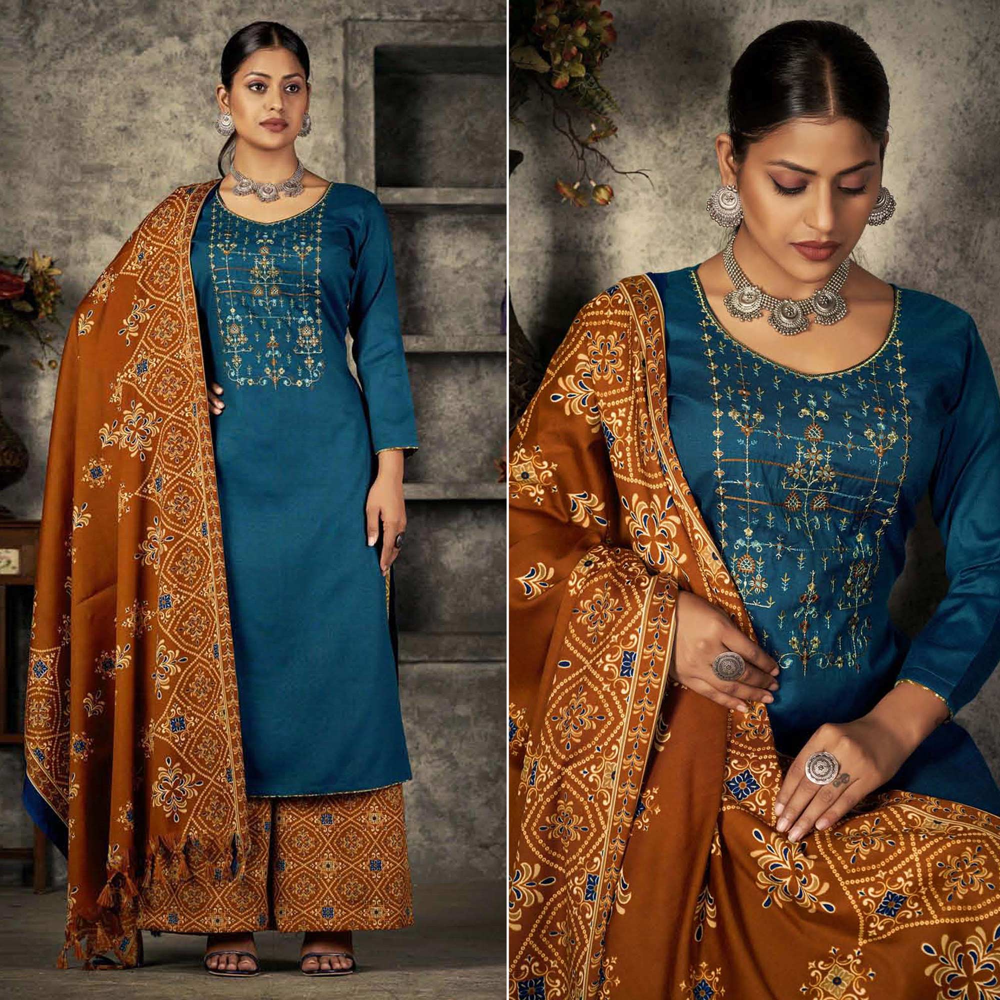 Morpich Floral Embroidered With Printed Pashmina Salwar Suit