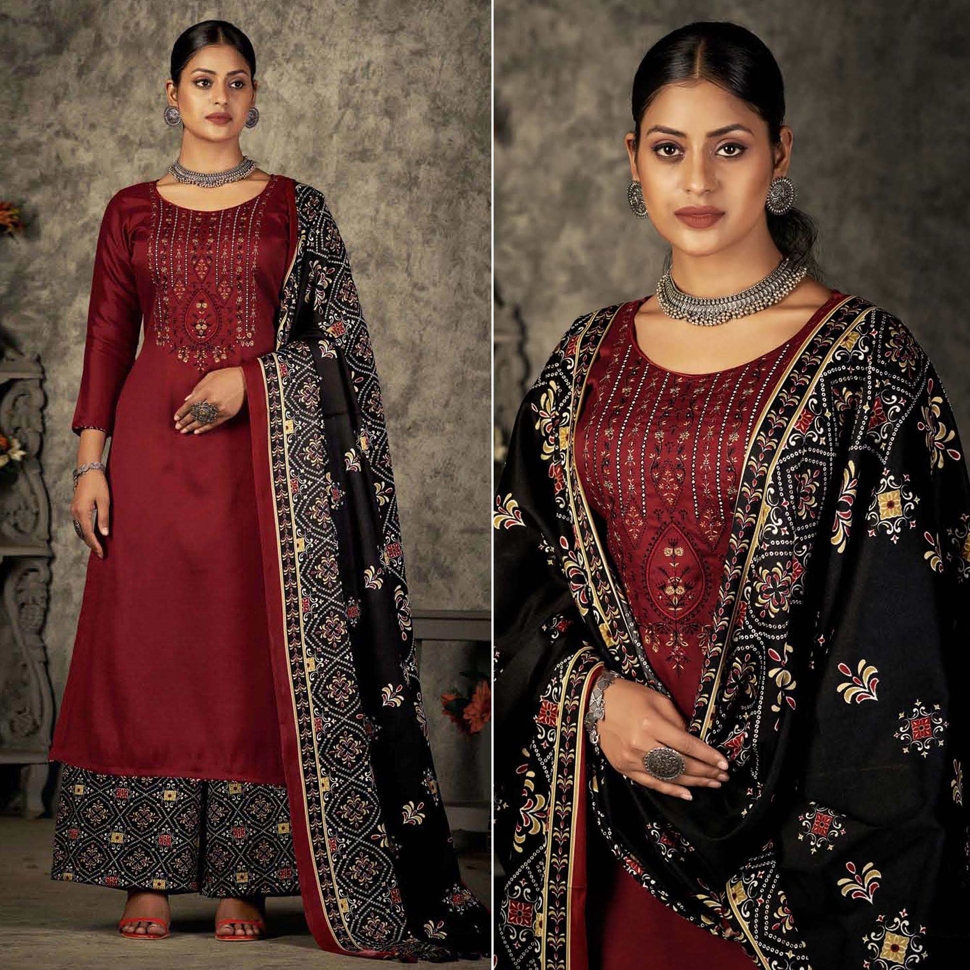 Maroon Floral Embroidered With Printed Pashmina Salwar Suit