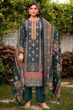 Elegant Teal Green Floral Printed Pure Pashmina Dress Material for Winter Wear