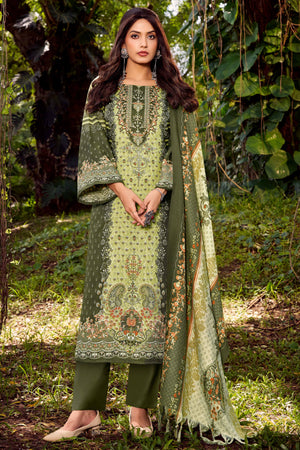 Elegant Olive Green Floral Printed Pure Pashmina Dress Material for Winter Wear