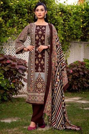 Elegant Coffee Brown Floral Printed Pure Pashmina Dress Material for Winter Wear