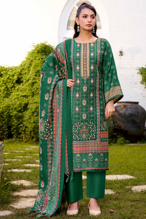 Elegant Emerald Green Floral Printed Pure Pashmina Dress Material for Winter Wear