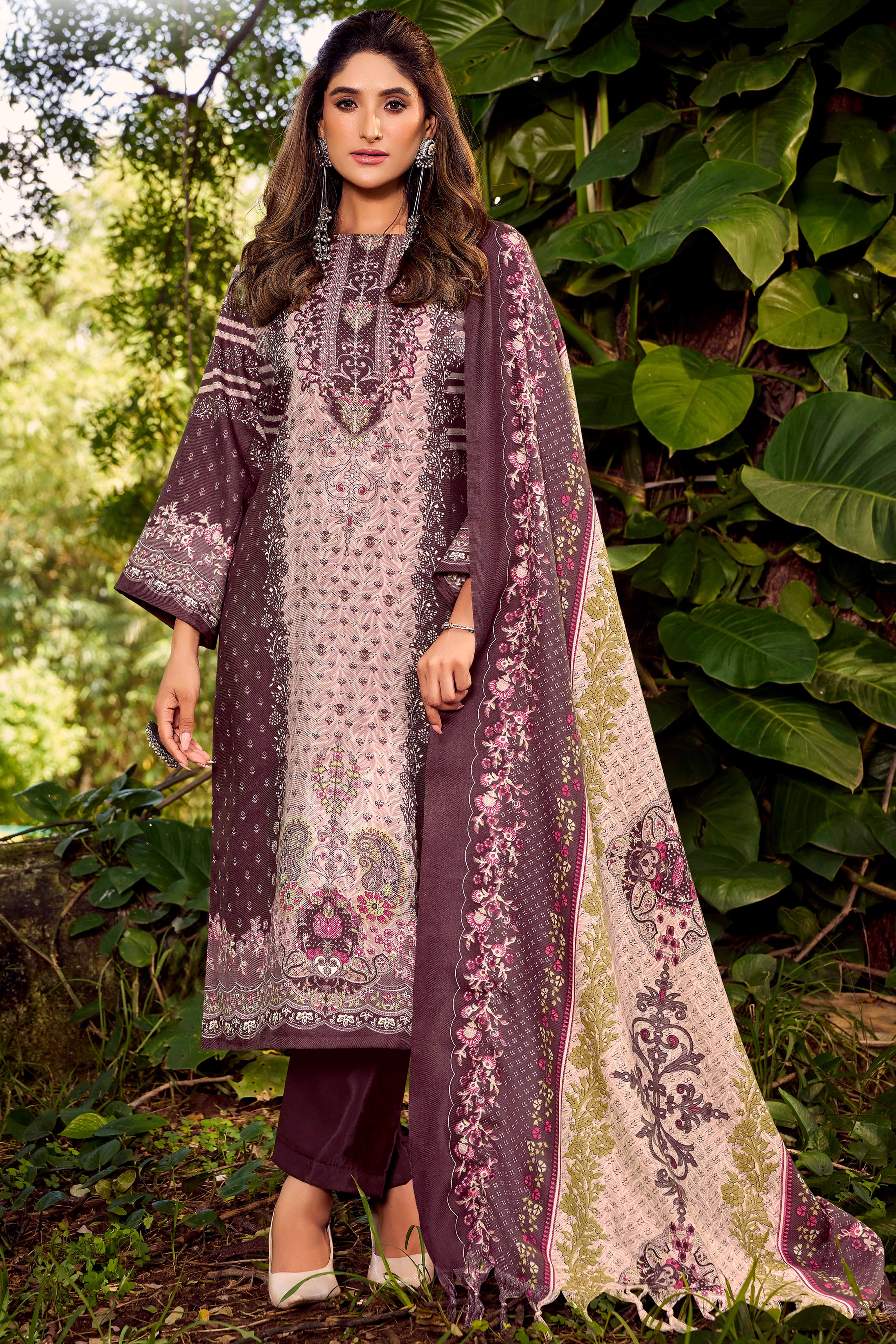 Elegant Mauve Floral Printed Pure Pashmina Dress Material for Winter Wear