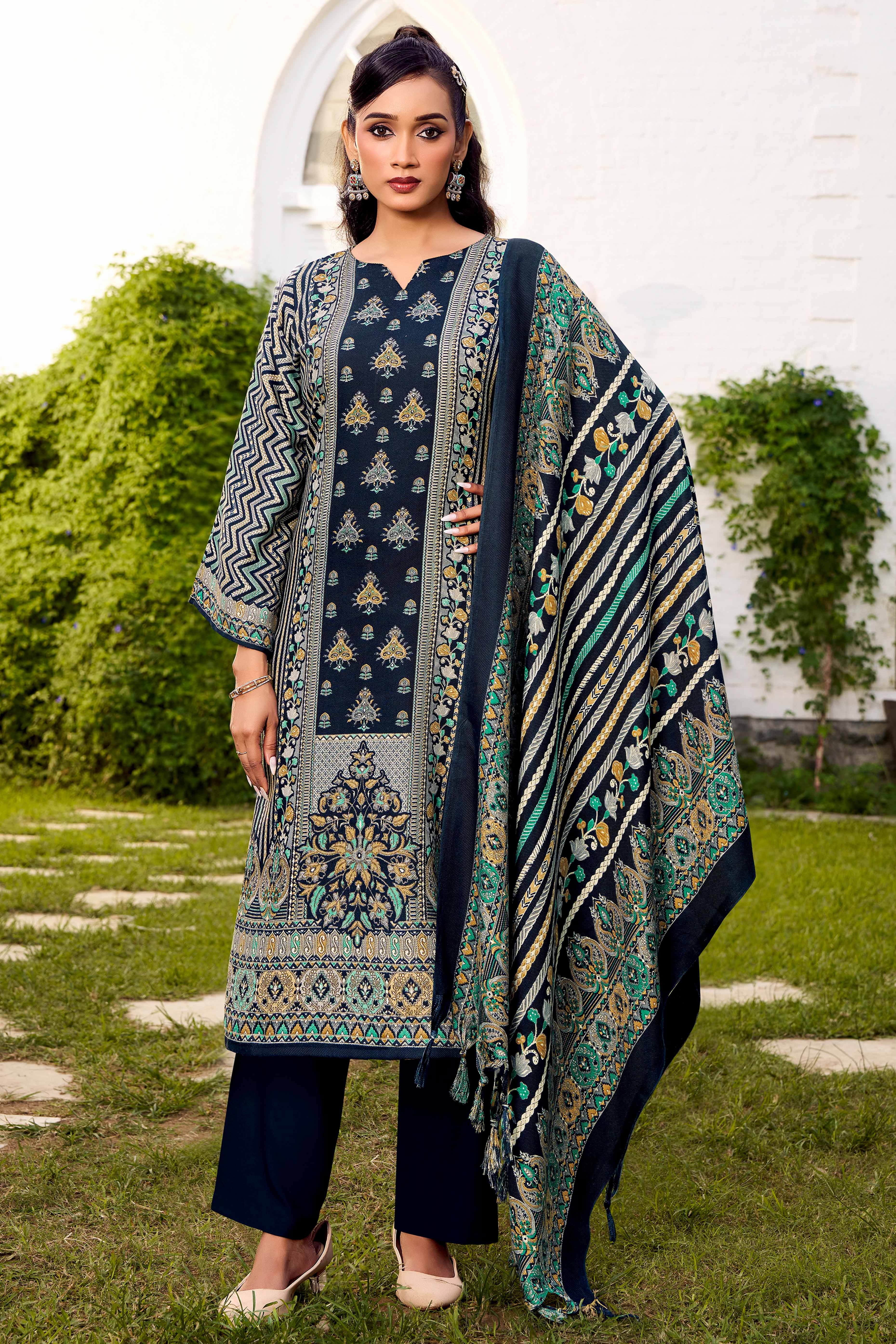 Elegant Navy Blue Floral Printed Pure Pashmina Dress Material for Winter Wear