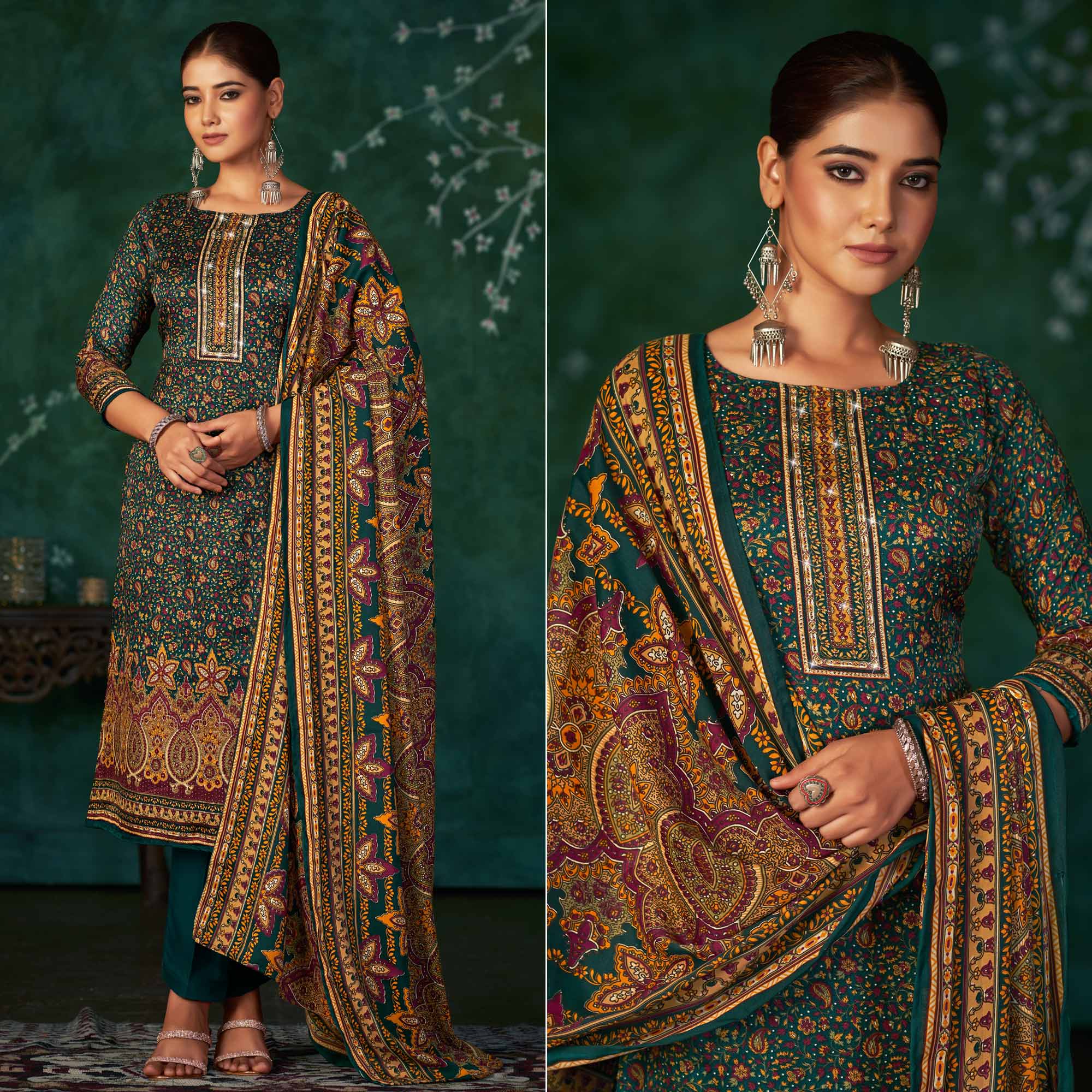 Morpich Floral Printed With Swarovski Work Pashmina Suit