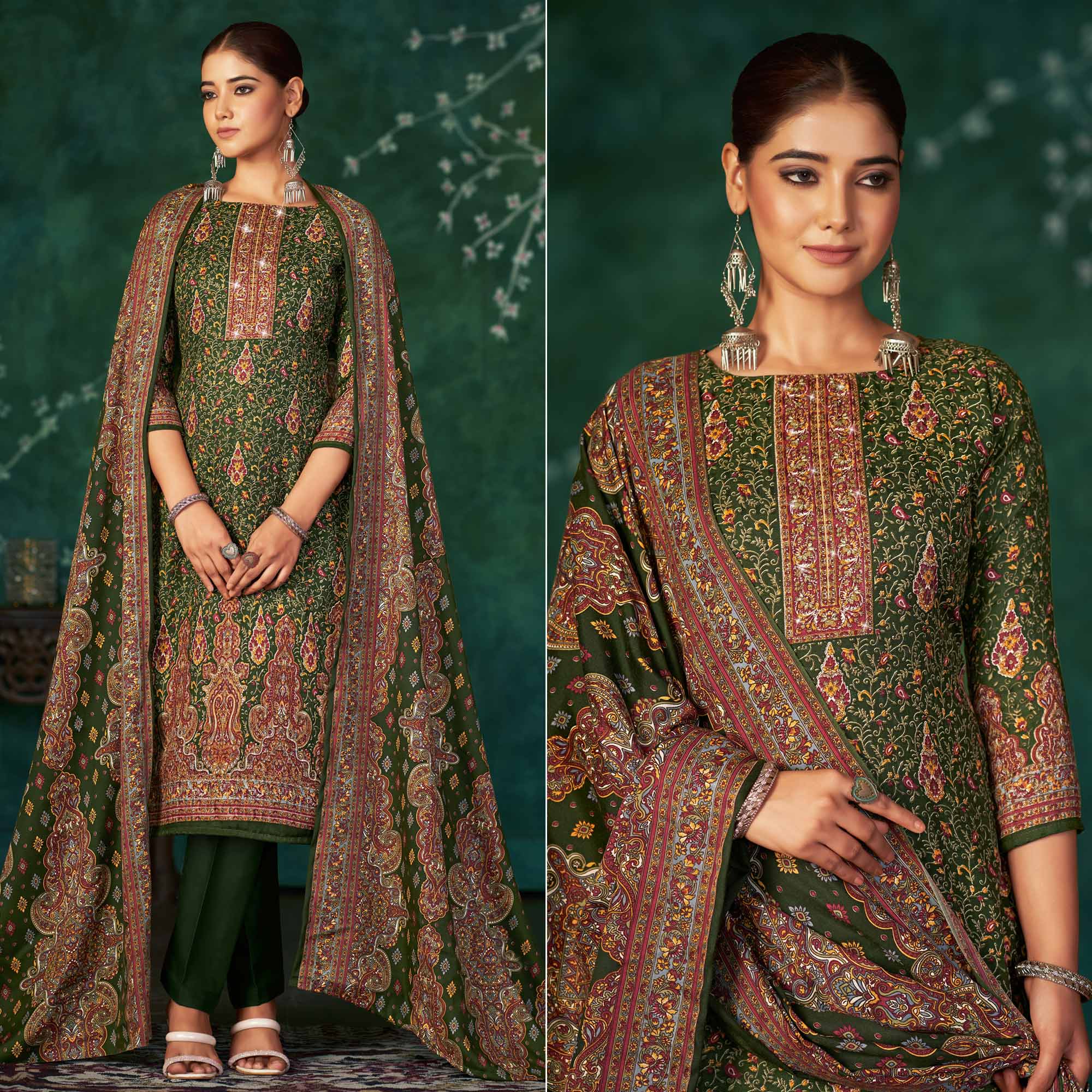 Green Floral Printed With Swarovski Work Pashmina Suit