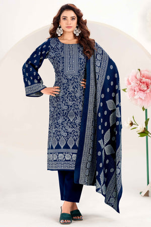 Blue Floral Printed Pure Pashmina Soft & Warm Dress Material for Winter