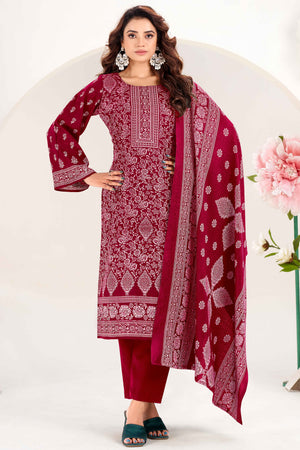 Maroon Floral Printed Pure Pashmina Soft & Warm Dress Material for Winter