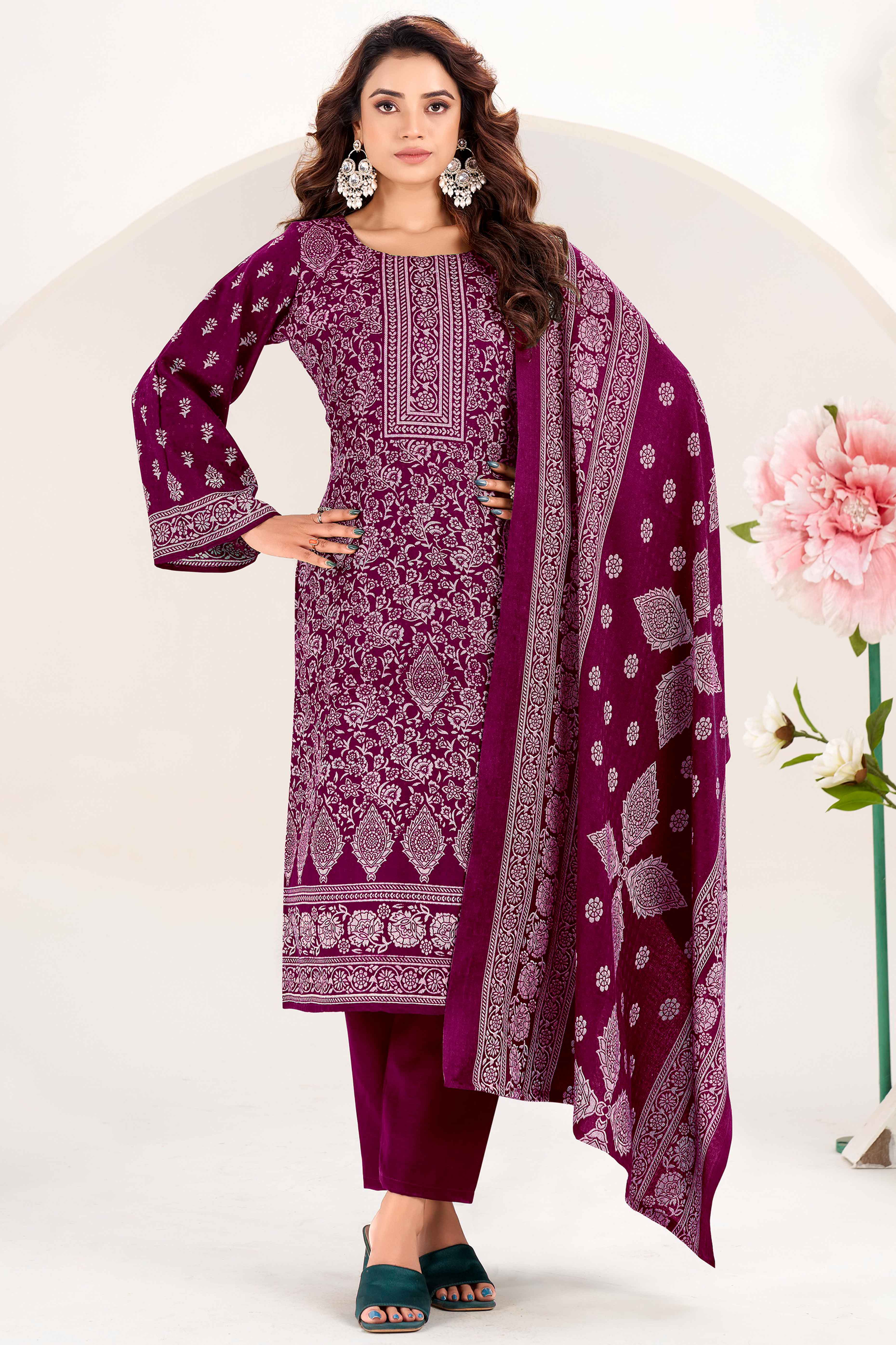 Magenta Floral Printed Pure Pashmina Soft & Warm Dress Material for Winter