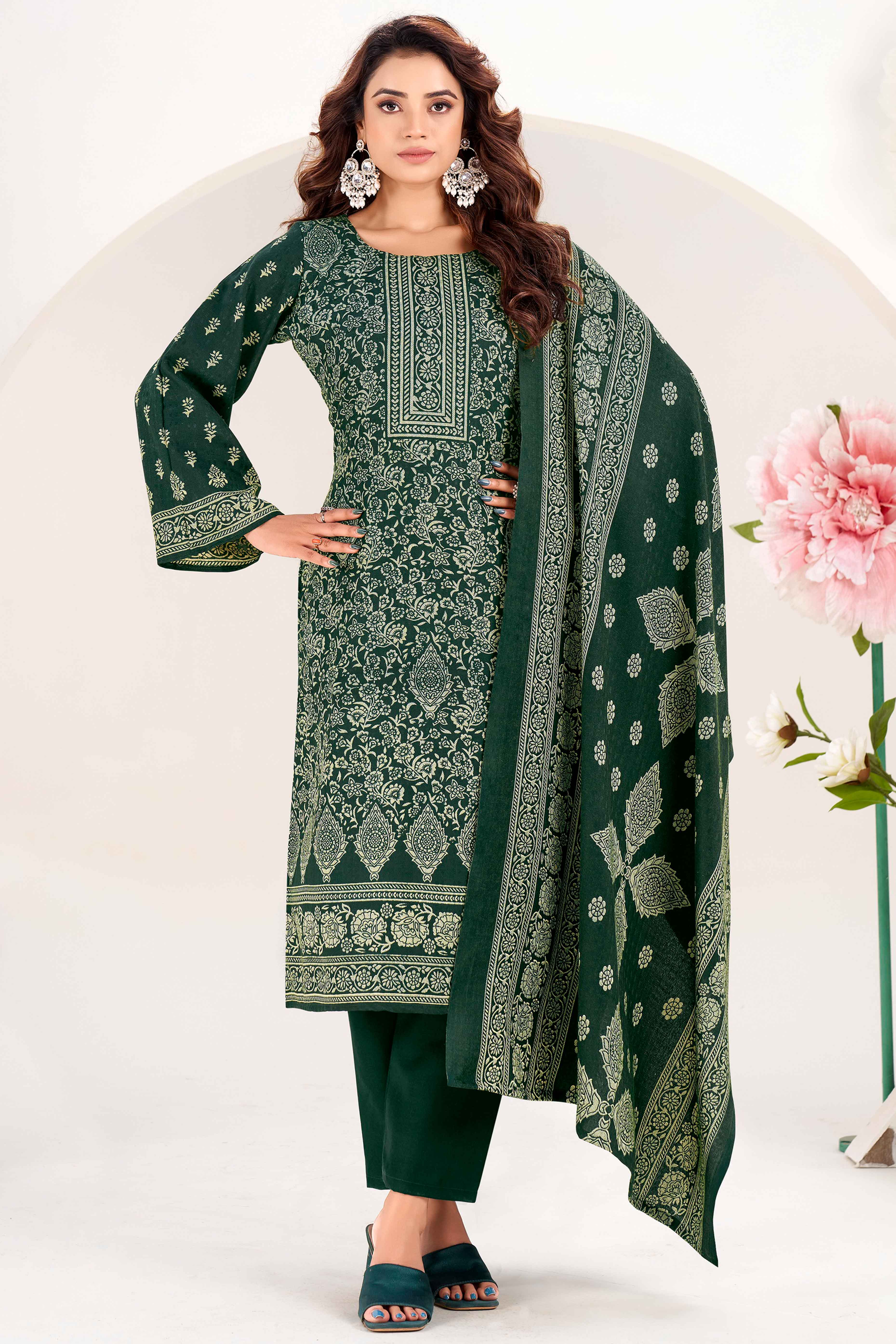 Green Floral Printed Pure Pashmina Soft & Warm Dress Material for Winter