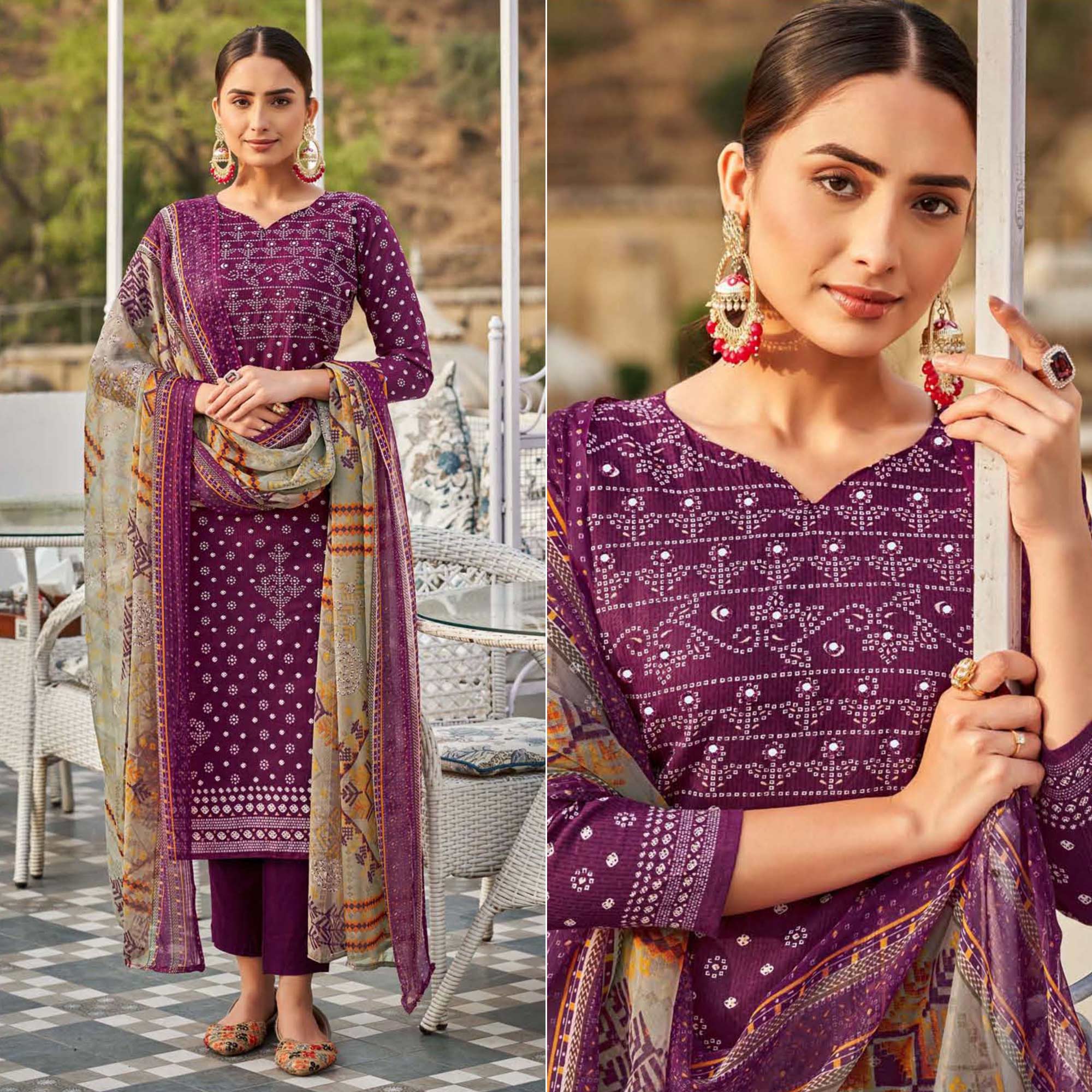 Wine Printed Pure Cotton Suit