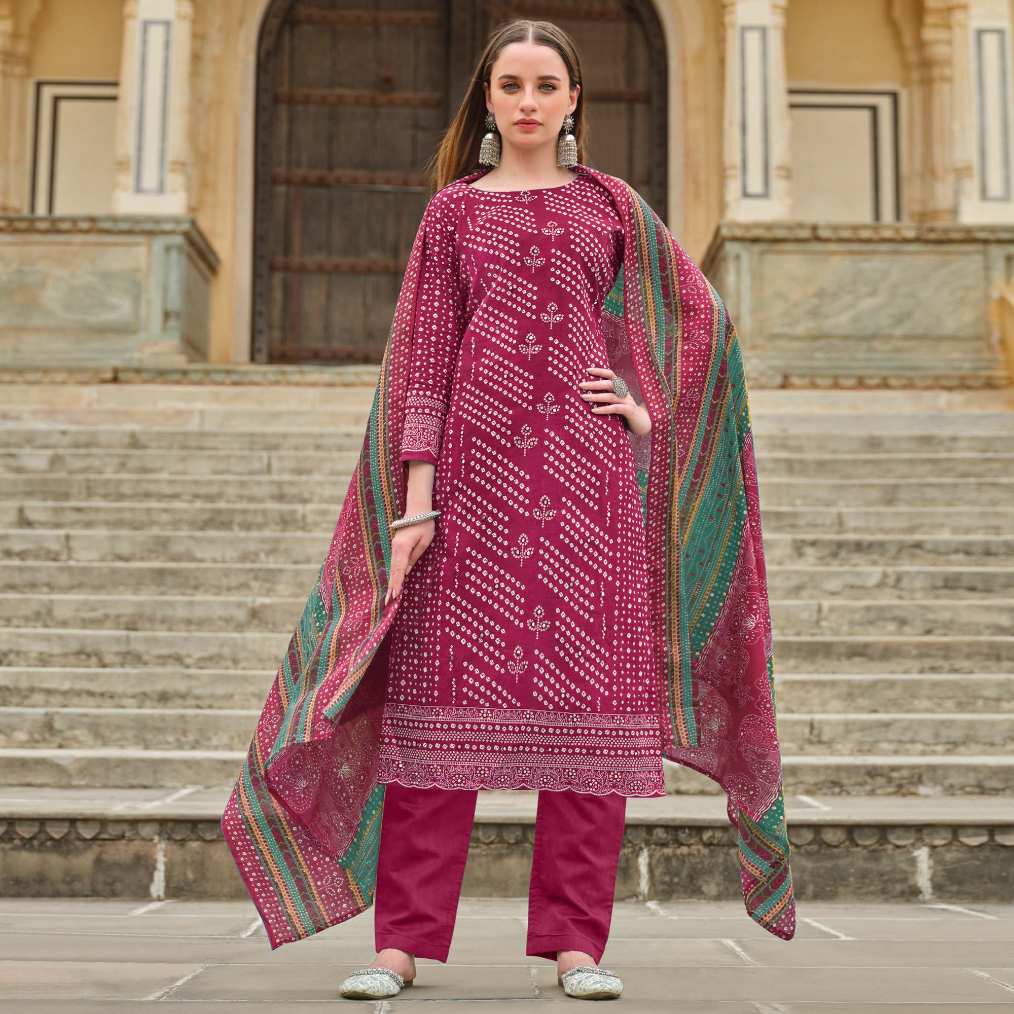 Dark Pink Bandhani Printed Pure Cotton Dress Material