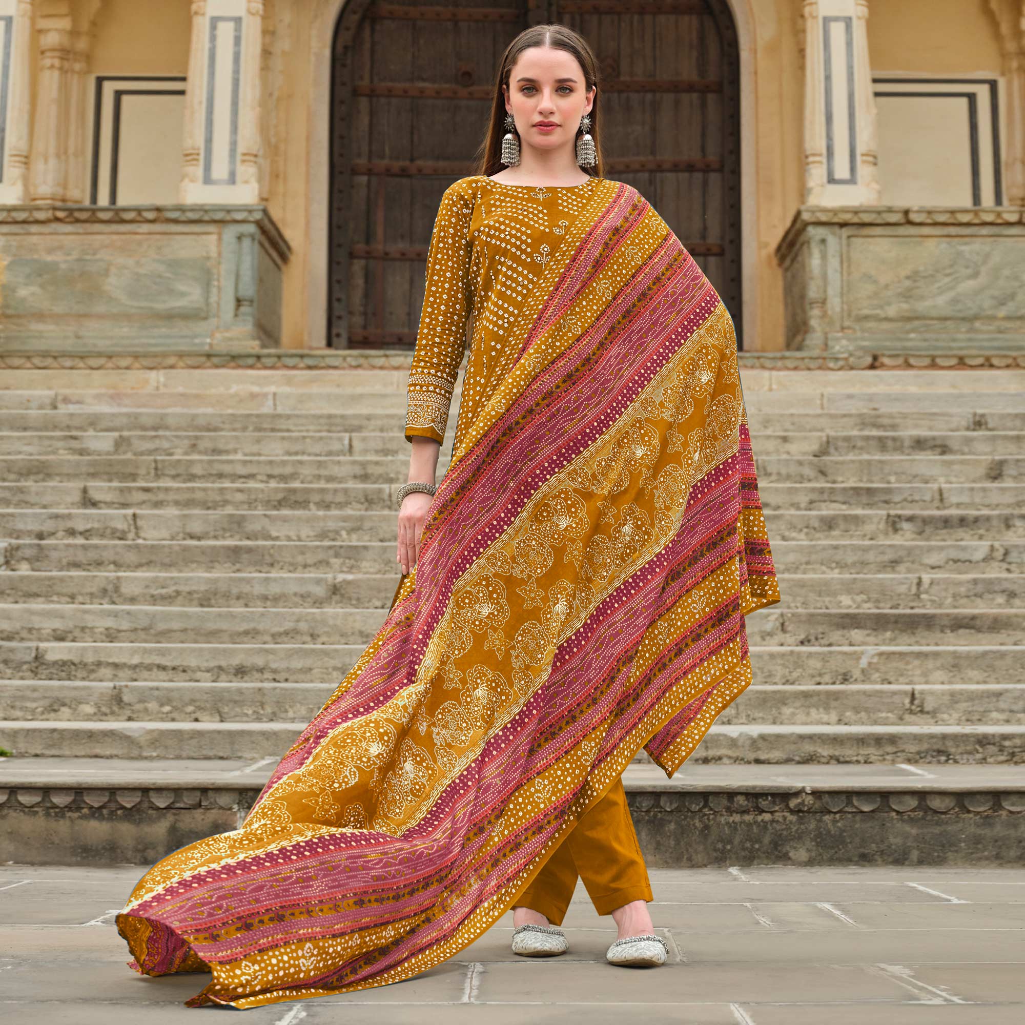 Mustard Bandhani Printed Pure Cotton Dress Material