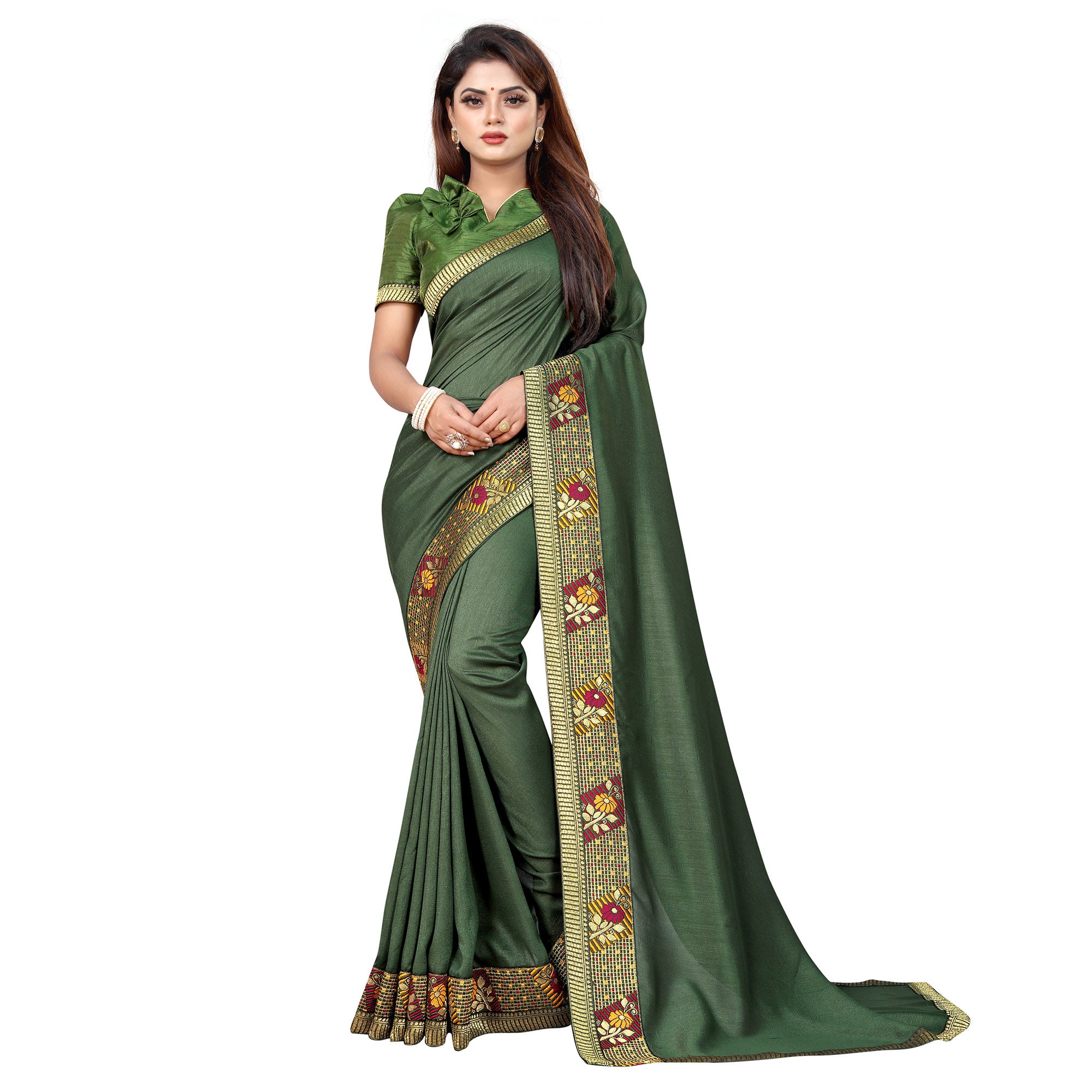 Mehandi Green Solid With Woven Border Vichitra Silk Saree