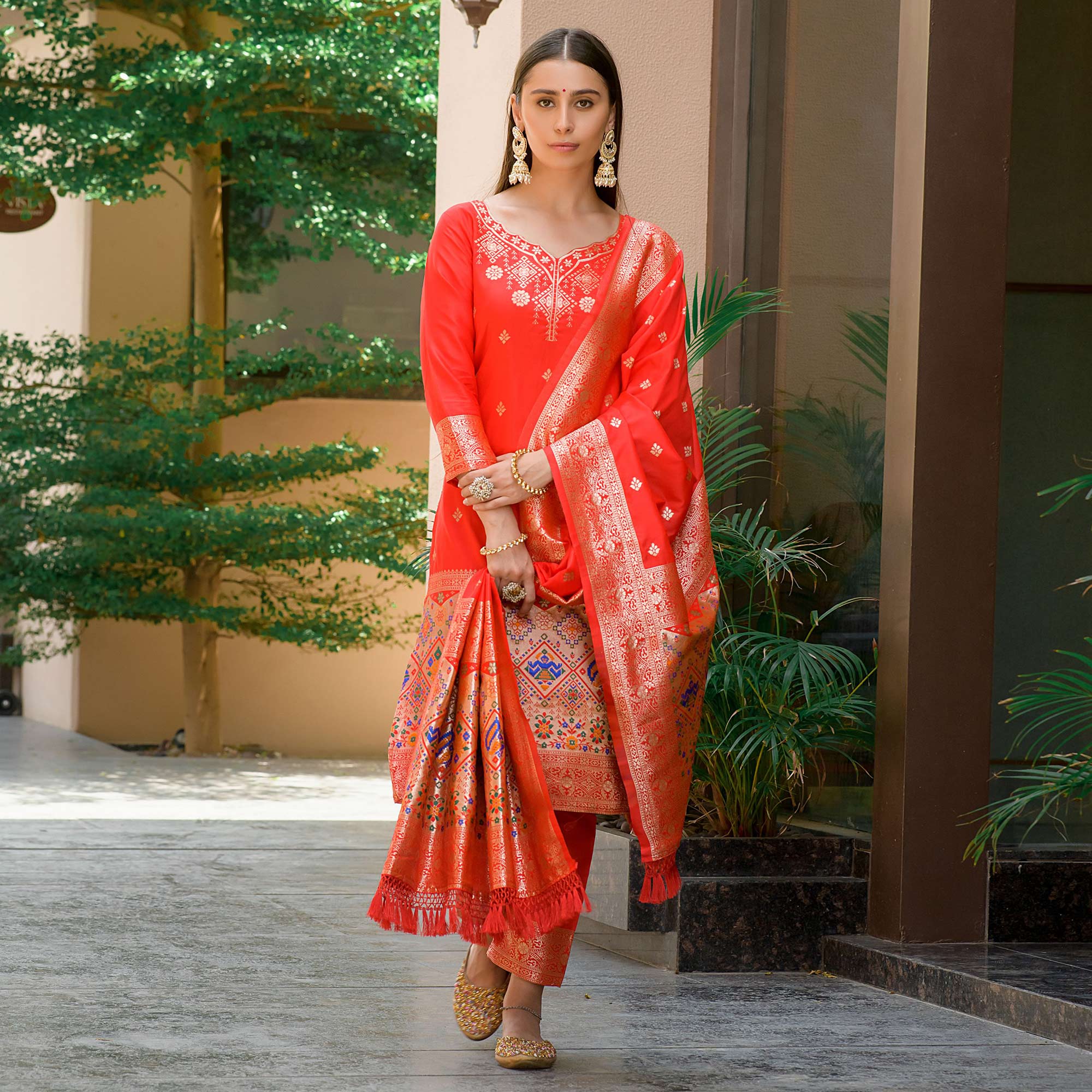 Red Floral Woven Banarasi Silk Paithani Dress Material
