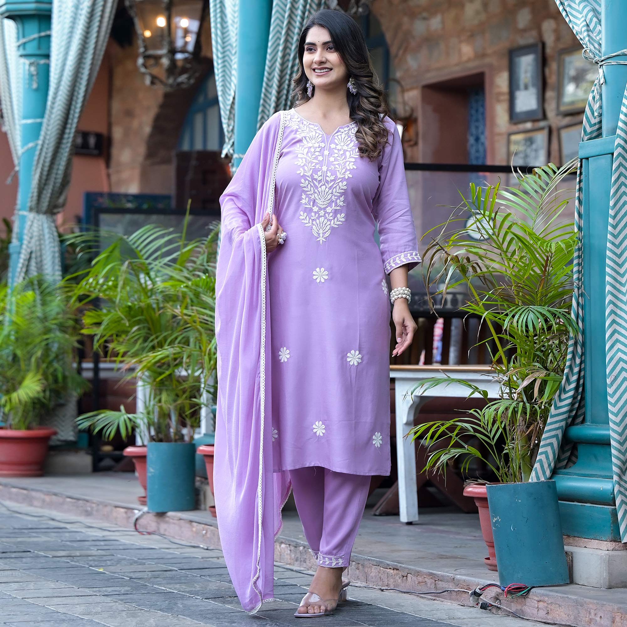 Lavender Lucknowi Embroidered Rayon Salwar Suit