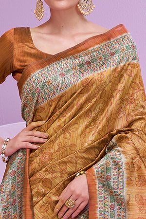 Brown Ethnic Cotton Silk Saree Adorned with Madhubani Florals Print