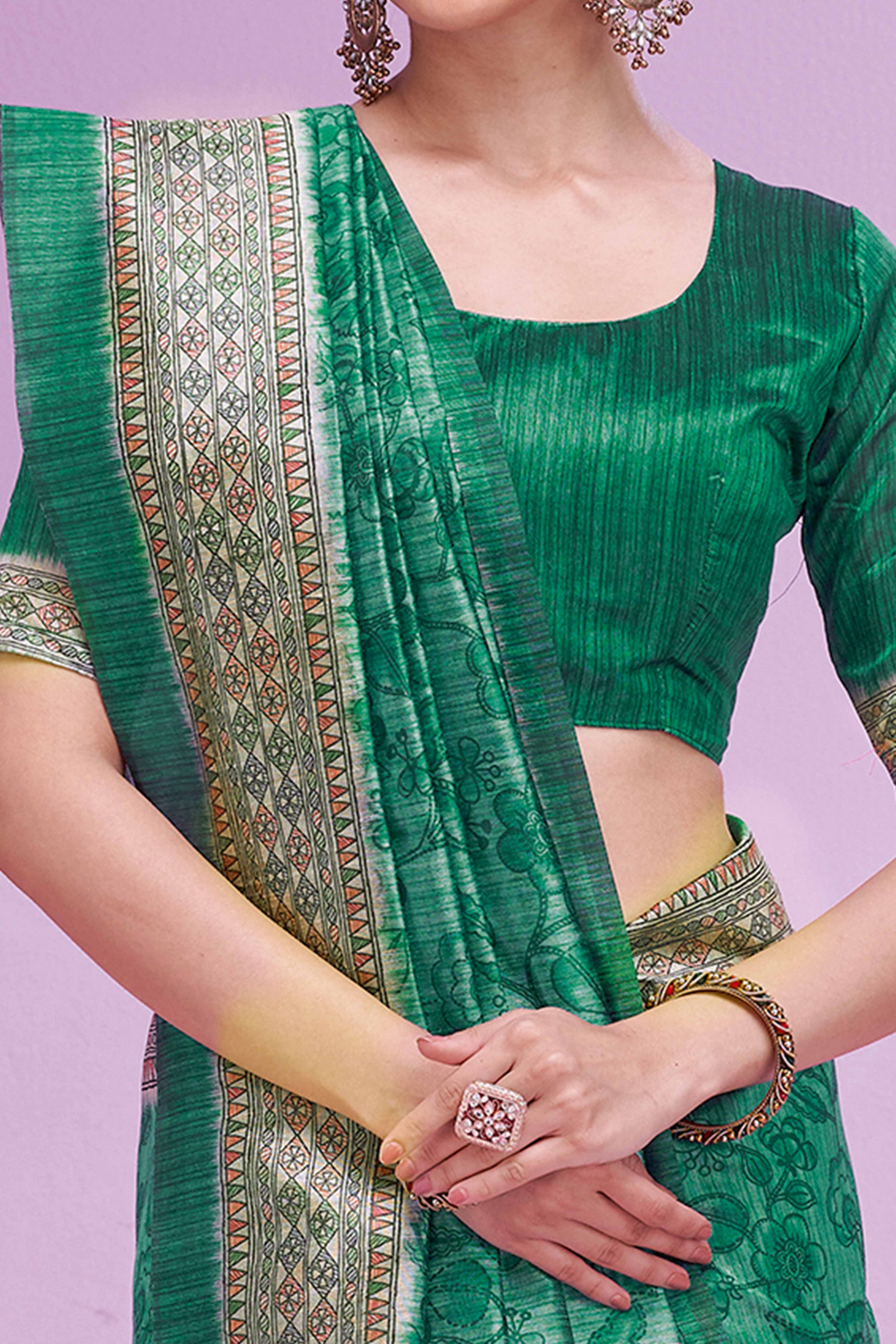 Rama Green Ethnic Cotton Silk Saree Adorned with Madhubani Florals Print