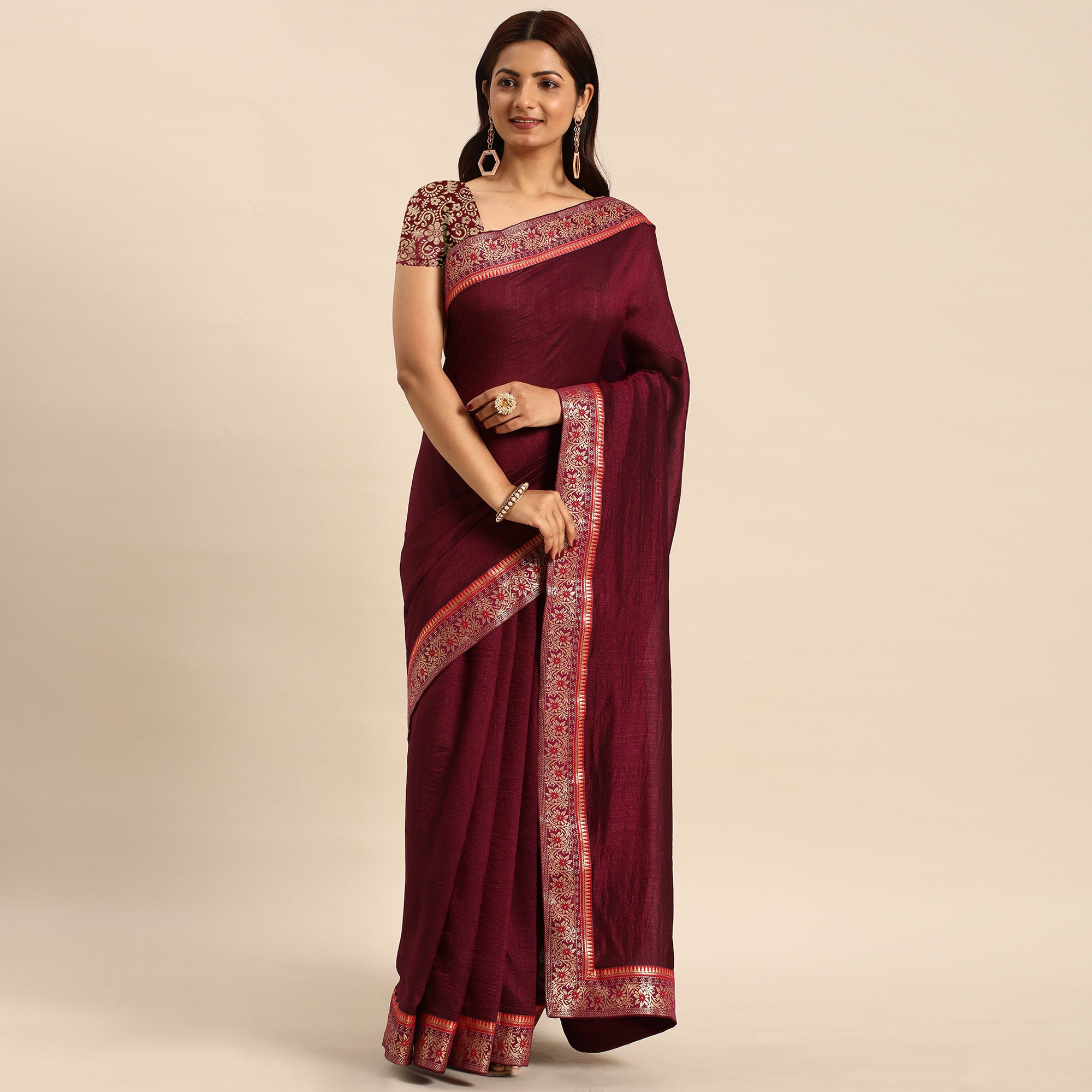 Brown Solid Vichitra Silk Saree With Fancy Border