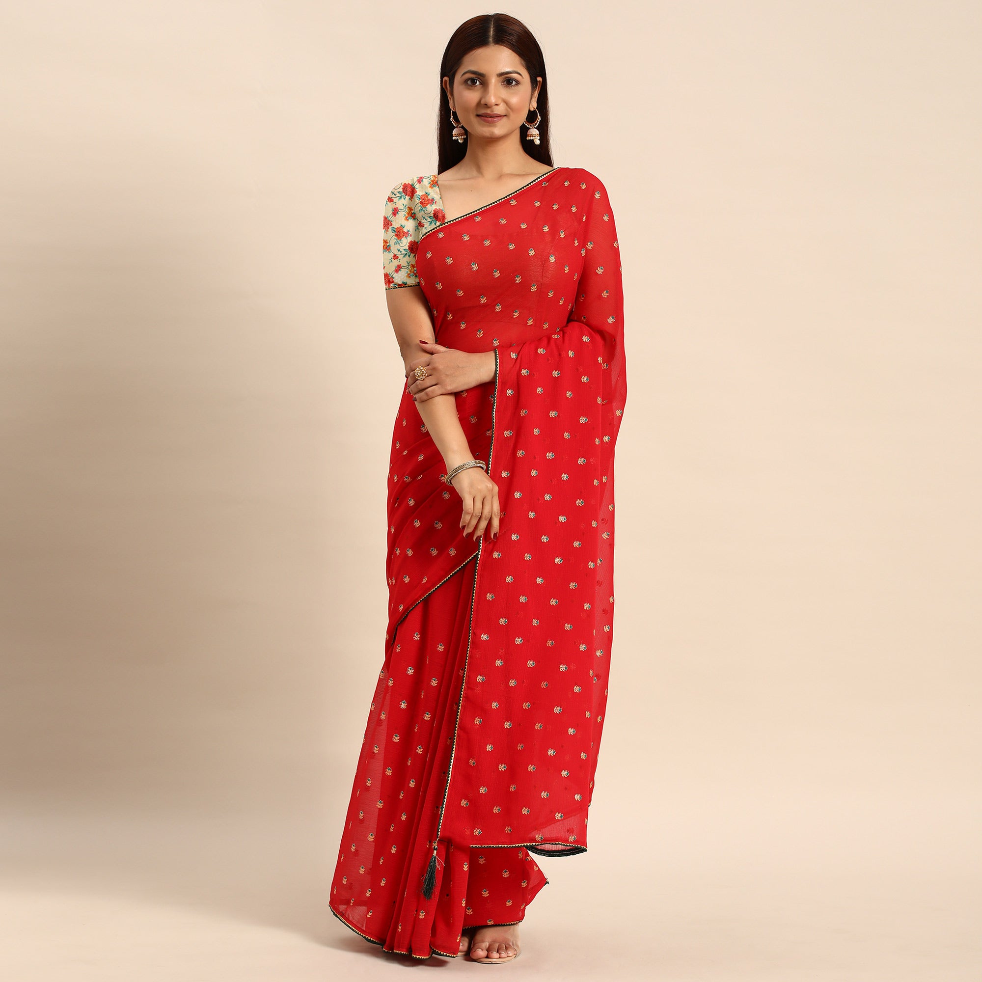 Red Embroidered Chiffon Saree