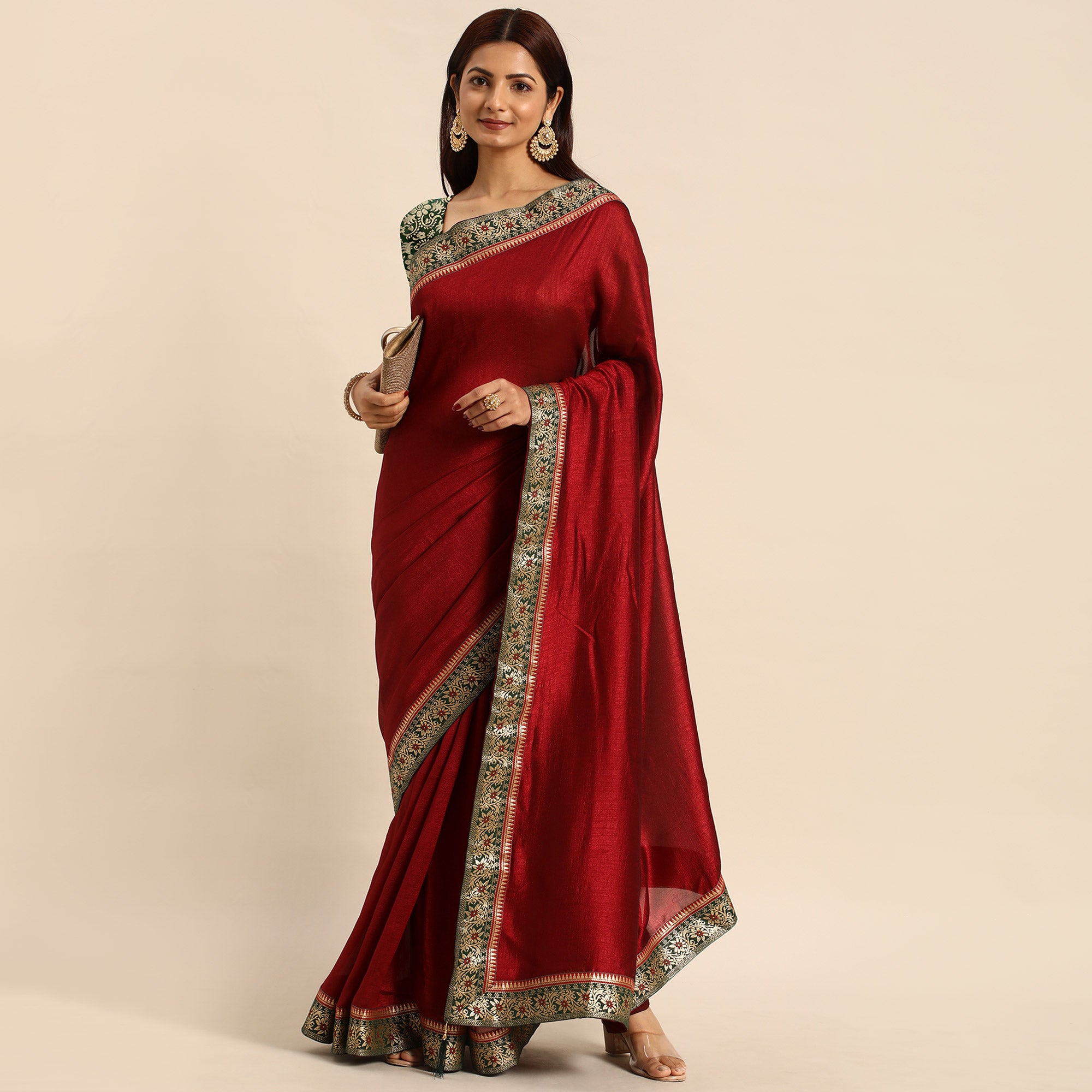 Maroon Solid Vichitra Silk Saree With Fancy Border