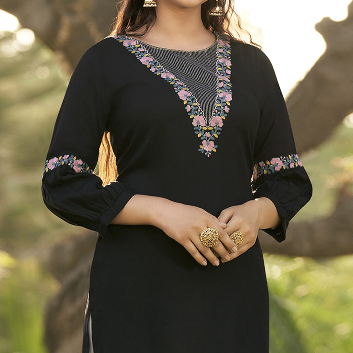 Black Floral Embroidered Rayon Top