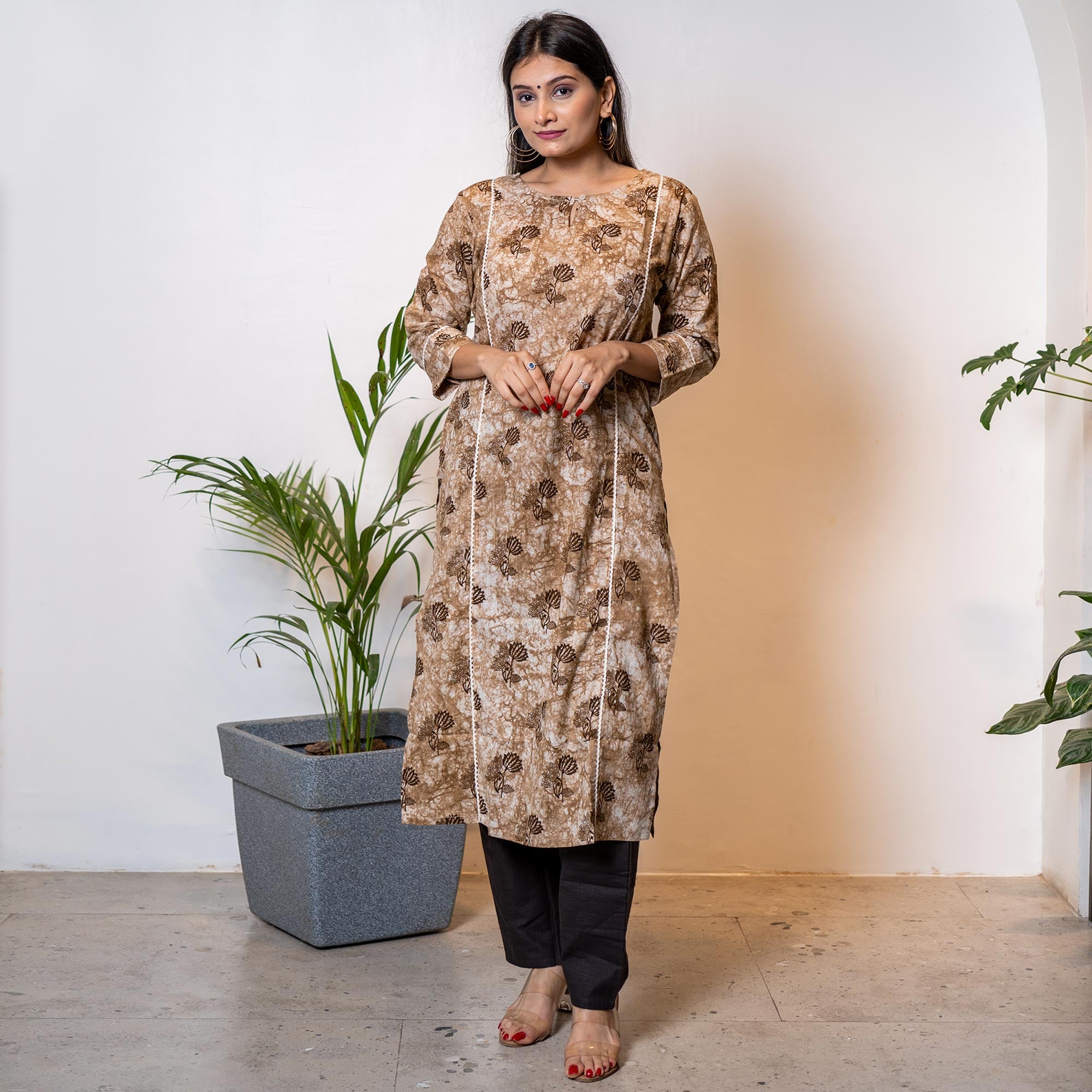 Brown Floral Printed Pure Cotton kurti