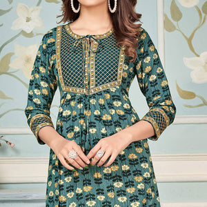 Green Floral Printed Rayon Kurti