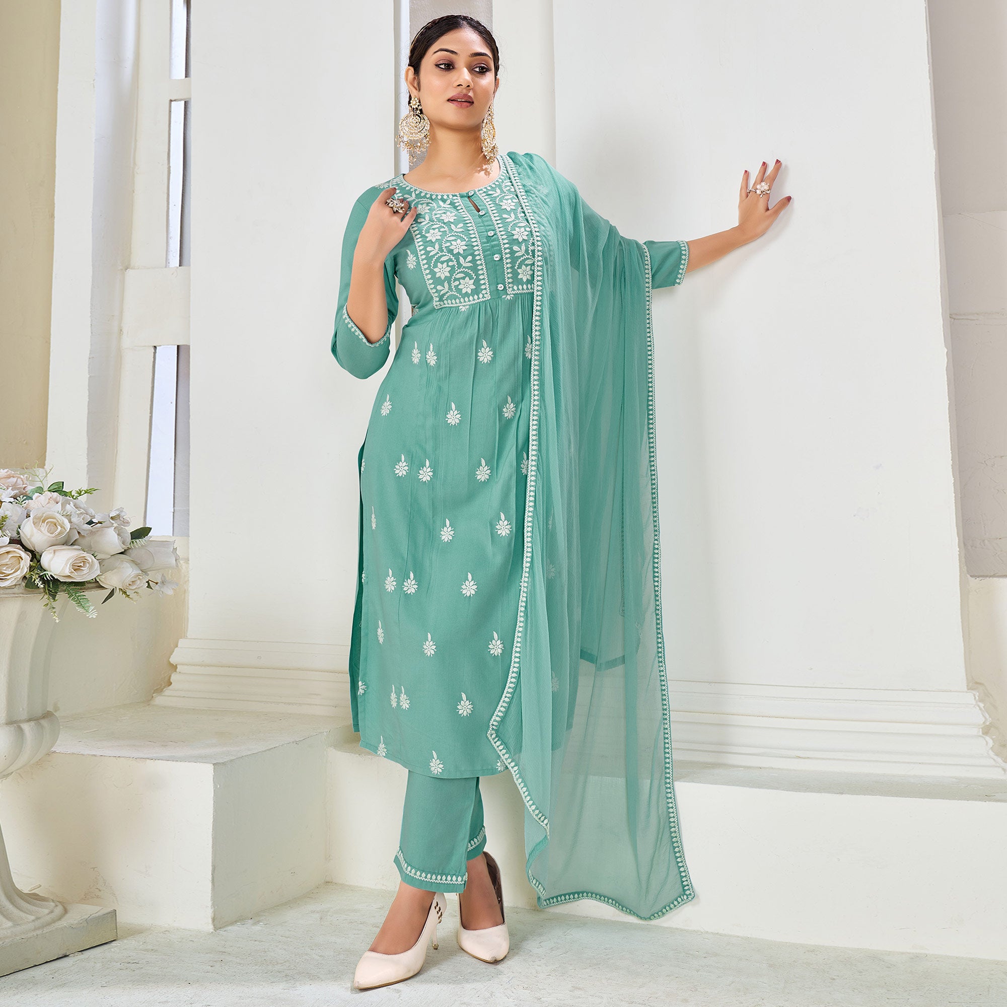 Turquoise Embroidered Rayon Suit