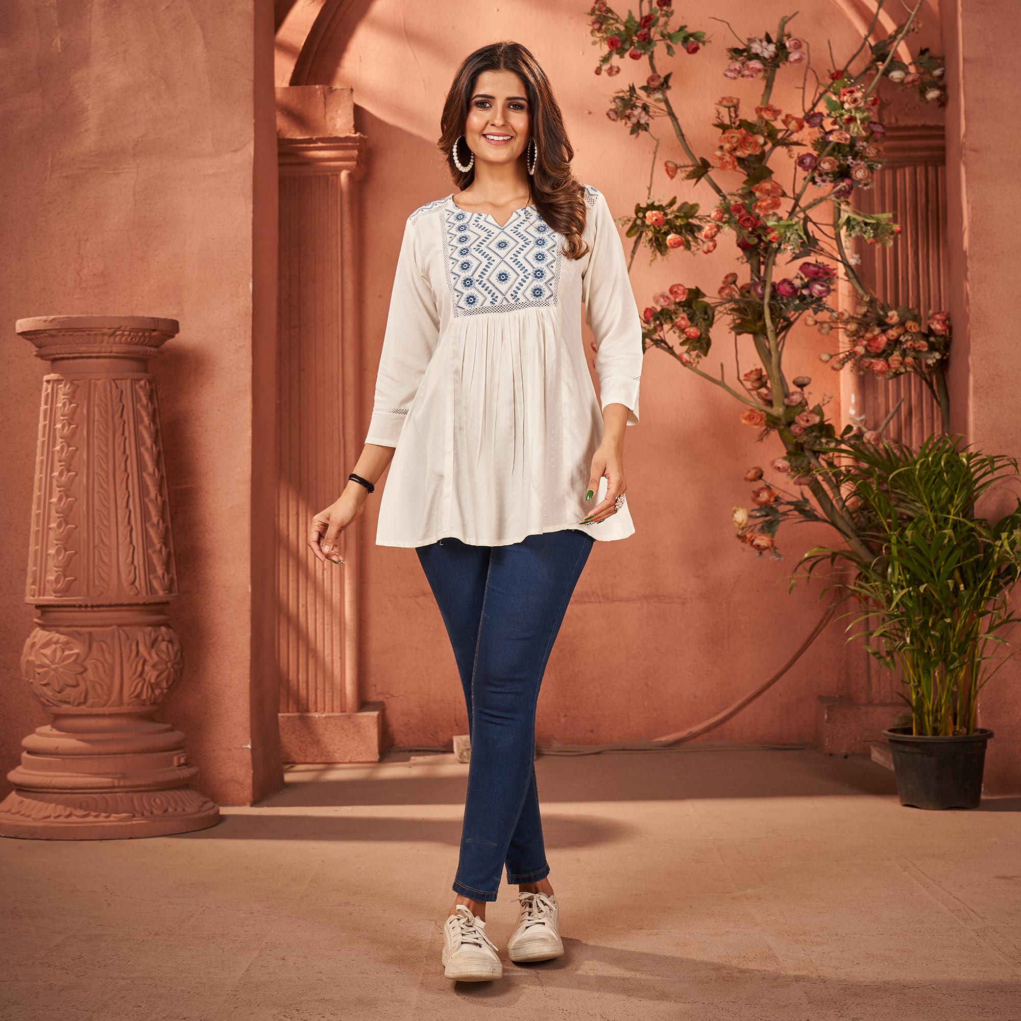 Cream Floral Embroidered Rayon Kurti