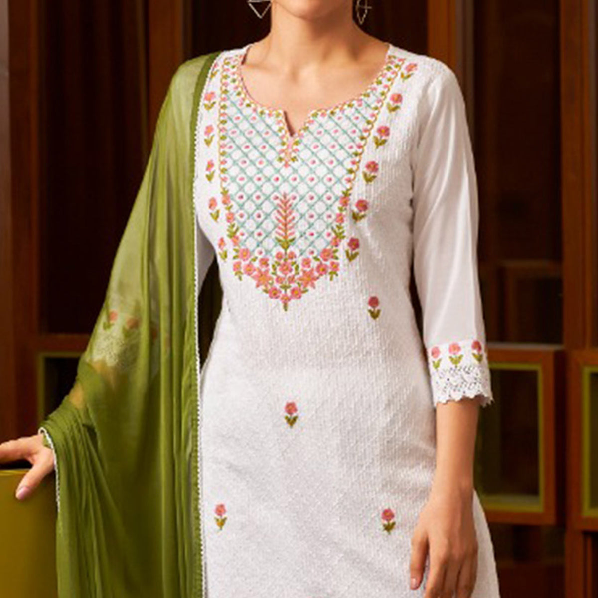 White & Green Floral Embroidered Pure Cotton Salwar Suit