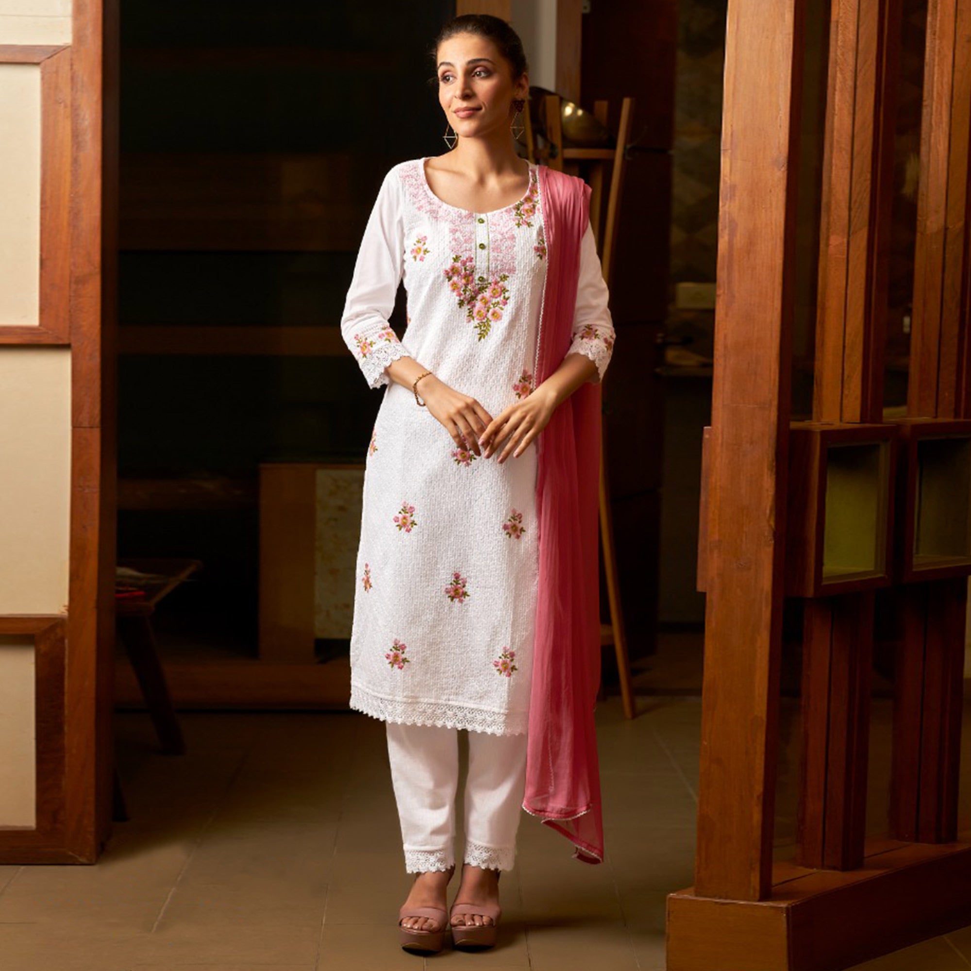 White & Pink Floral Embroidered Pure Cotton Salwar Suit