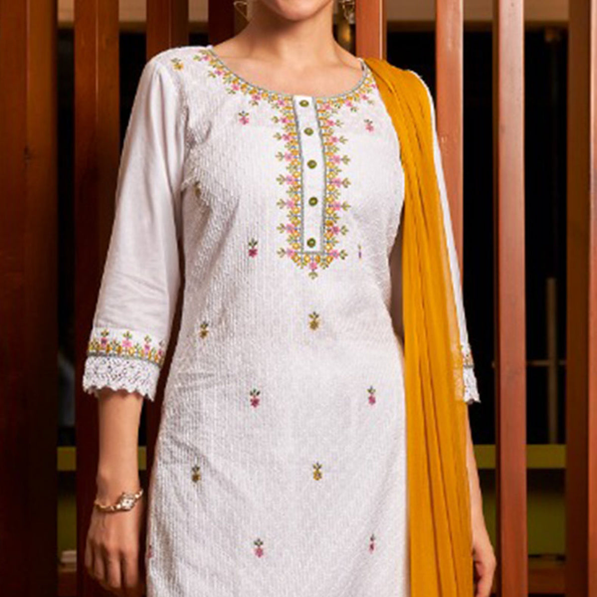 White & Yellow Floral Embroidered Pure Cotton Salwar Suit