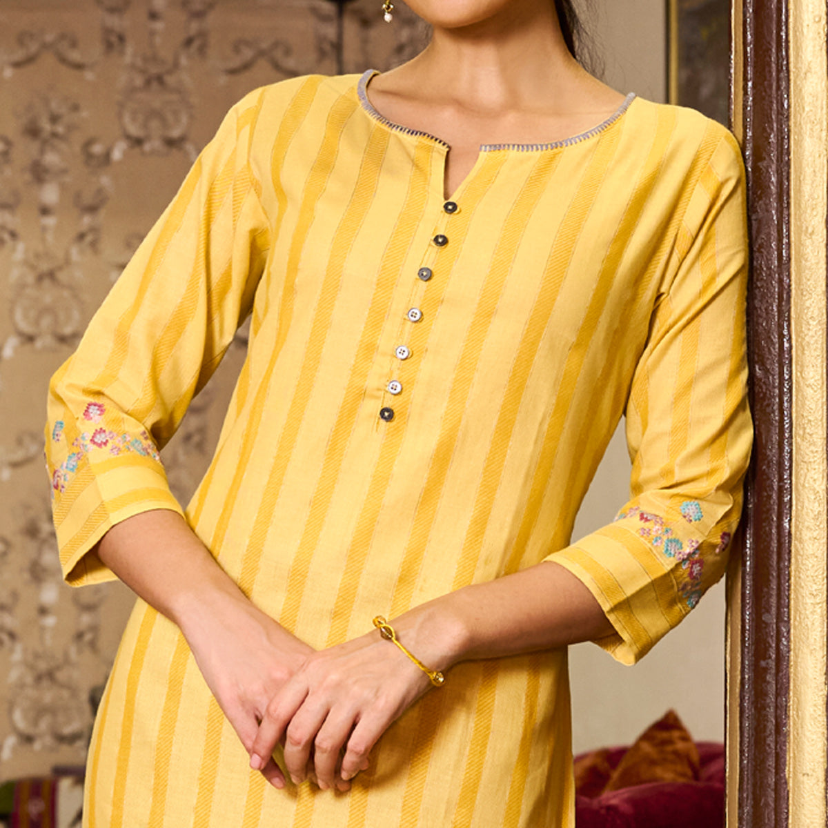 Yellow Floral Embroidered Pure Cotton Kurti